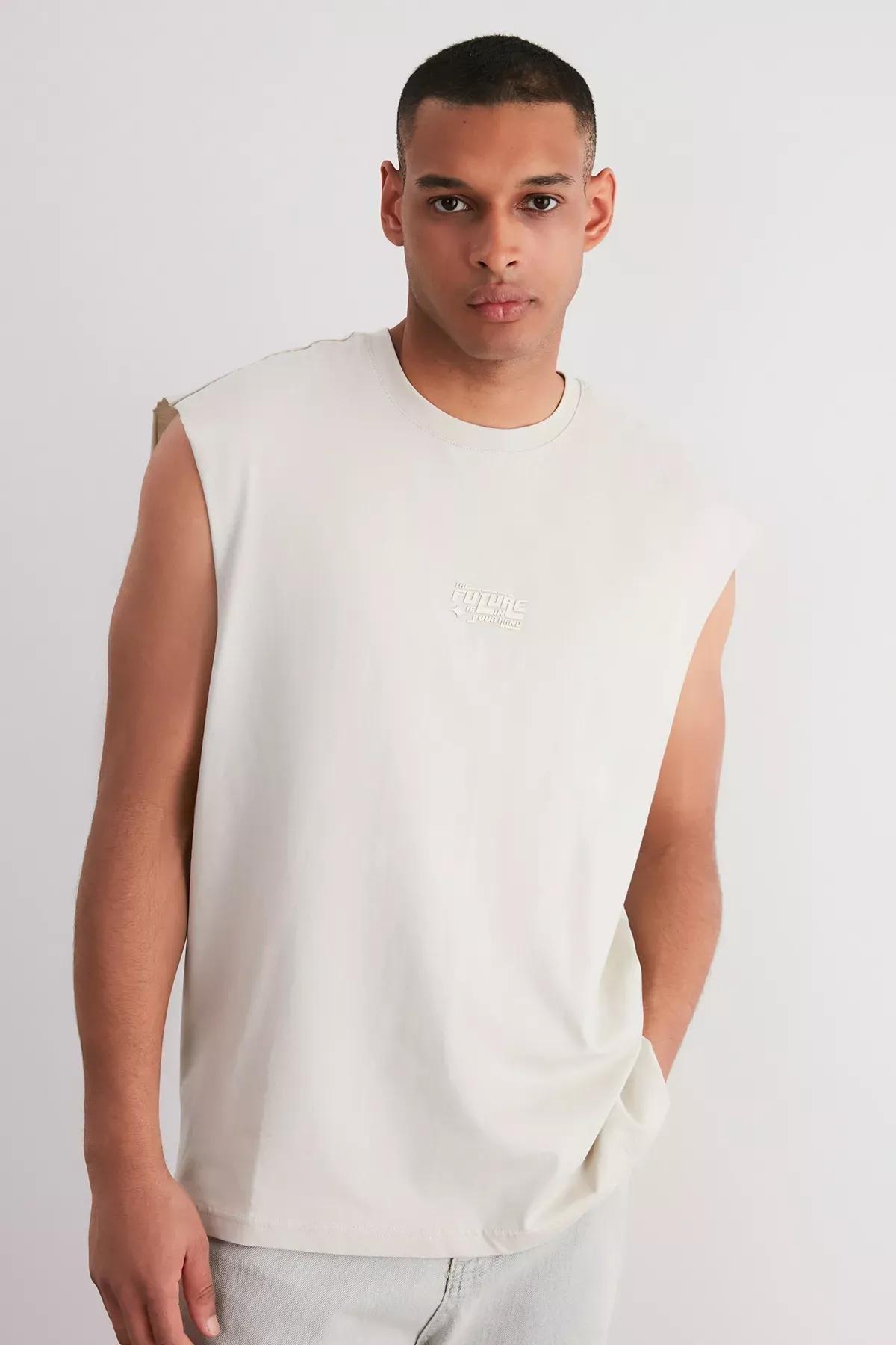 Beige-Grey Oversize Raised Text Printed T-Shirt, C101_1948, medium