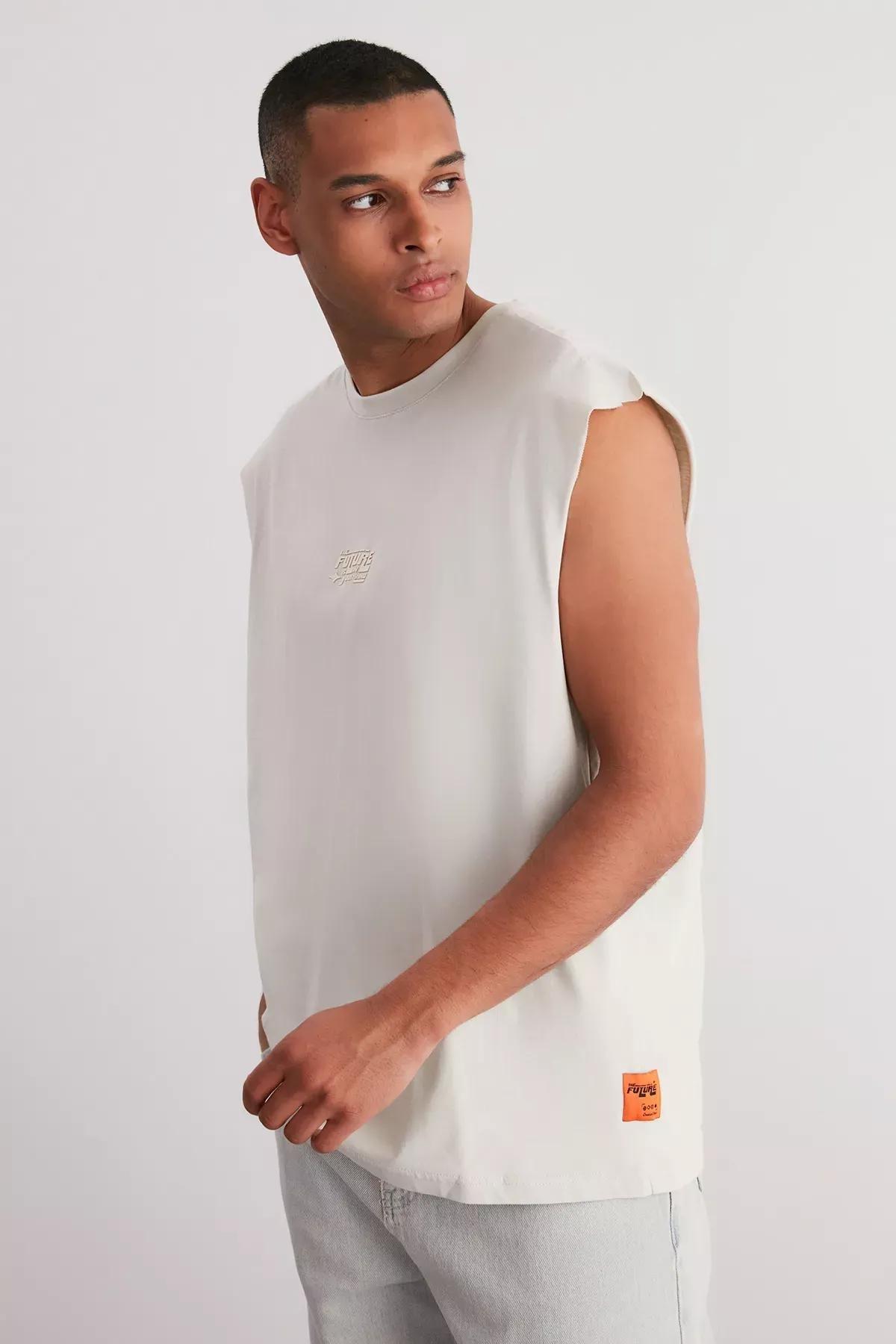 Beige-Grey Oversize Raised Text Printed T-Shirt, C101_1948, large image number 1