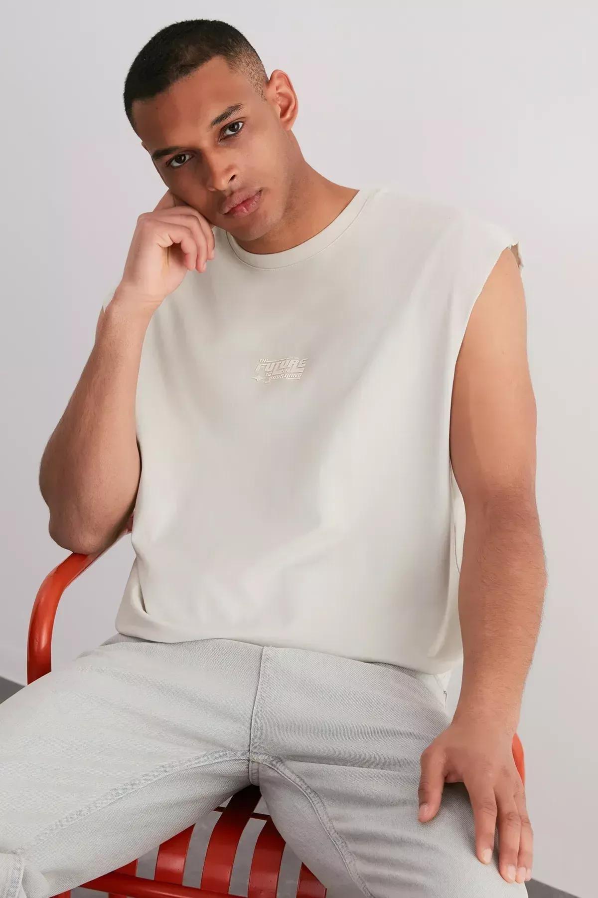 Beige-Grey Oversize Raised Text Printed T-Shirt, C101_1948, large image number 2