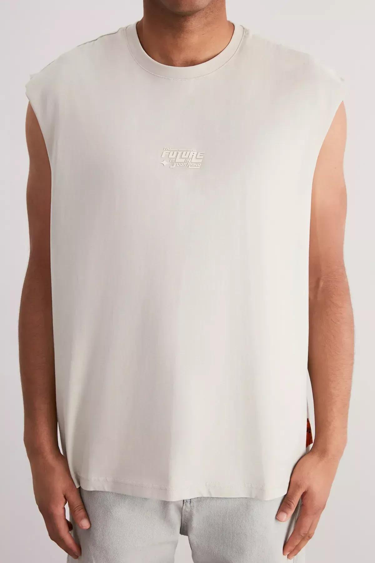 Beige-Grey Oversize Raised Text Printed T-Shirt, C101_1948, large image number 3