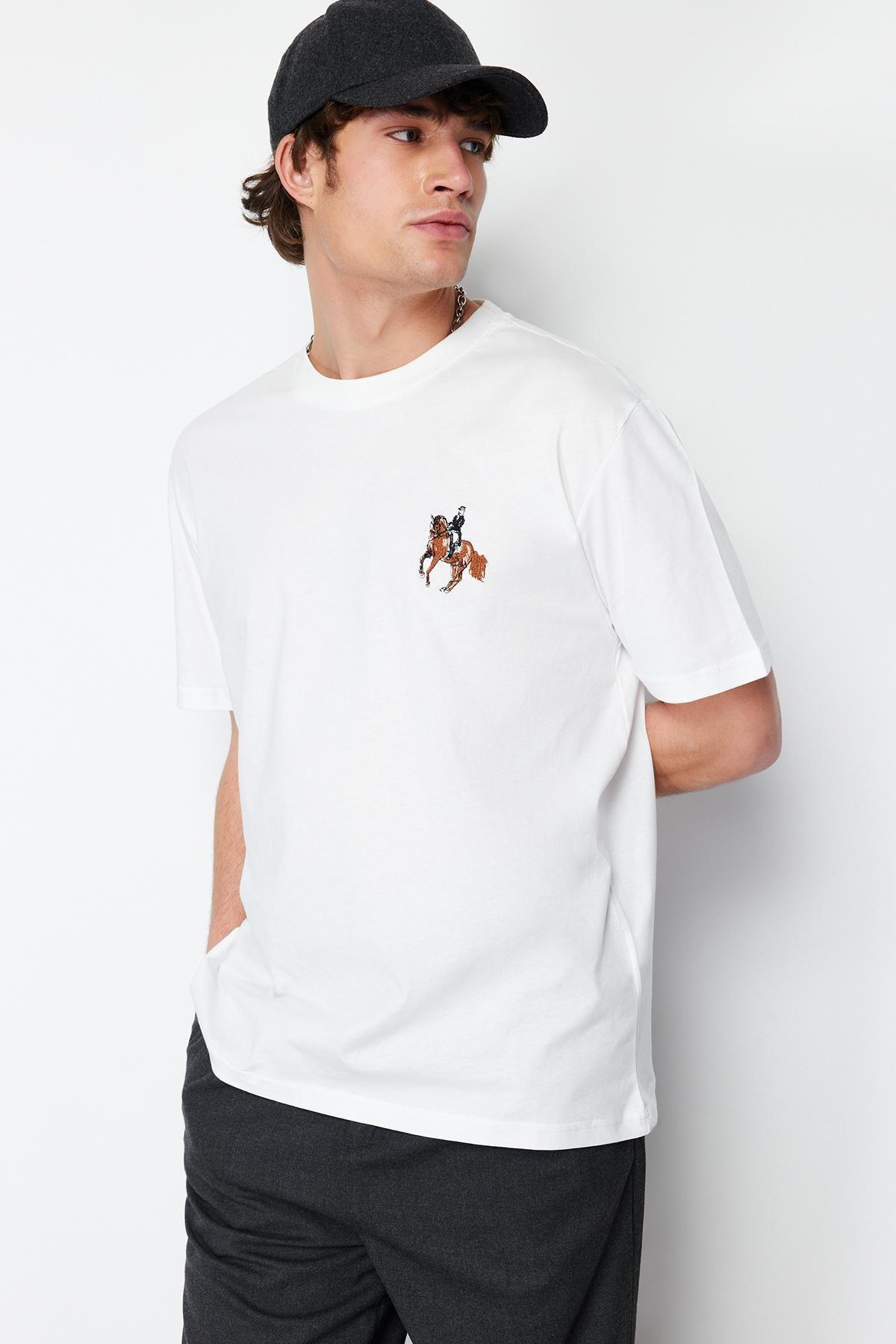 Ecru Relaxed Embroidered Short Sleeve T-Shirt, , large image number 0