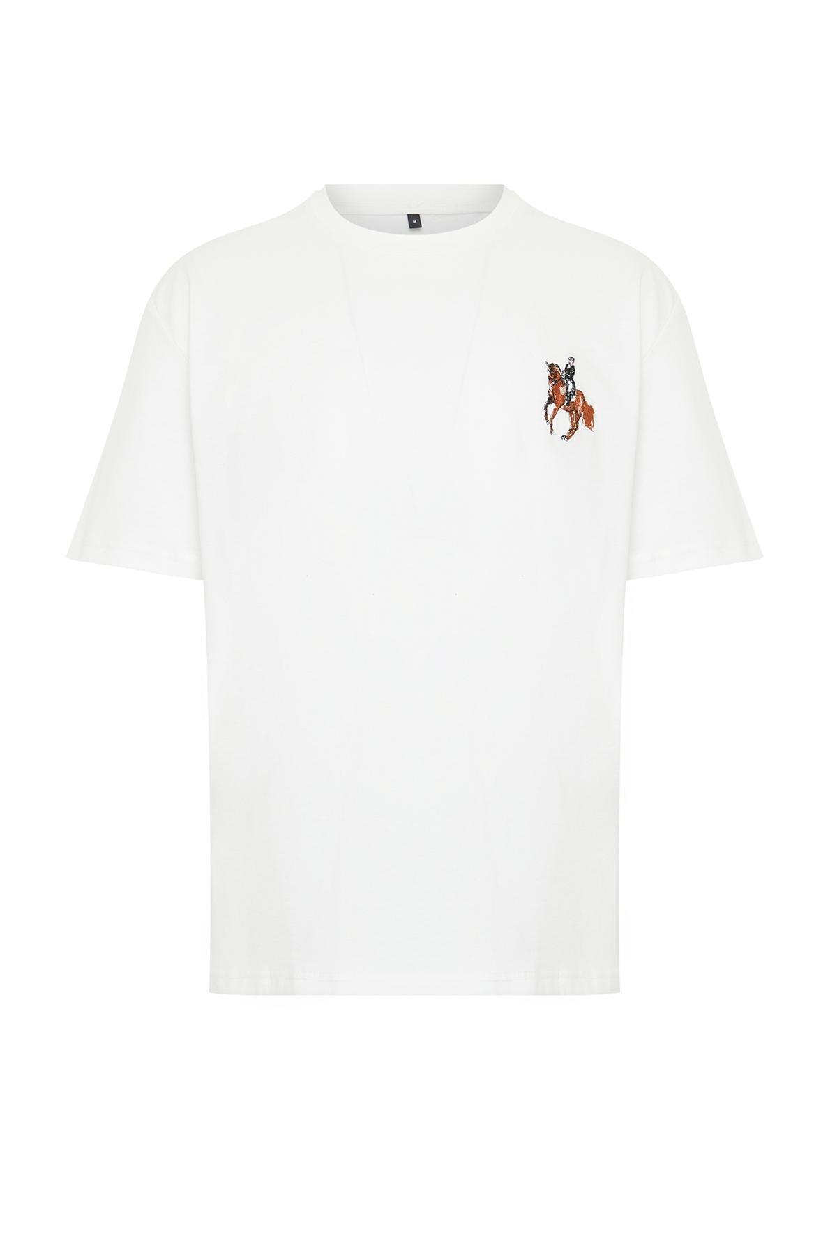 Ecru Relaxed Embroidered Short Sleeve T-Shirt, , large image number 5