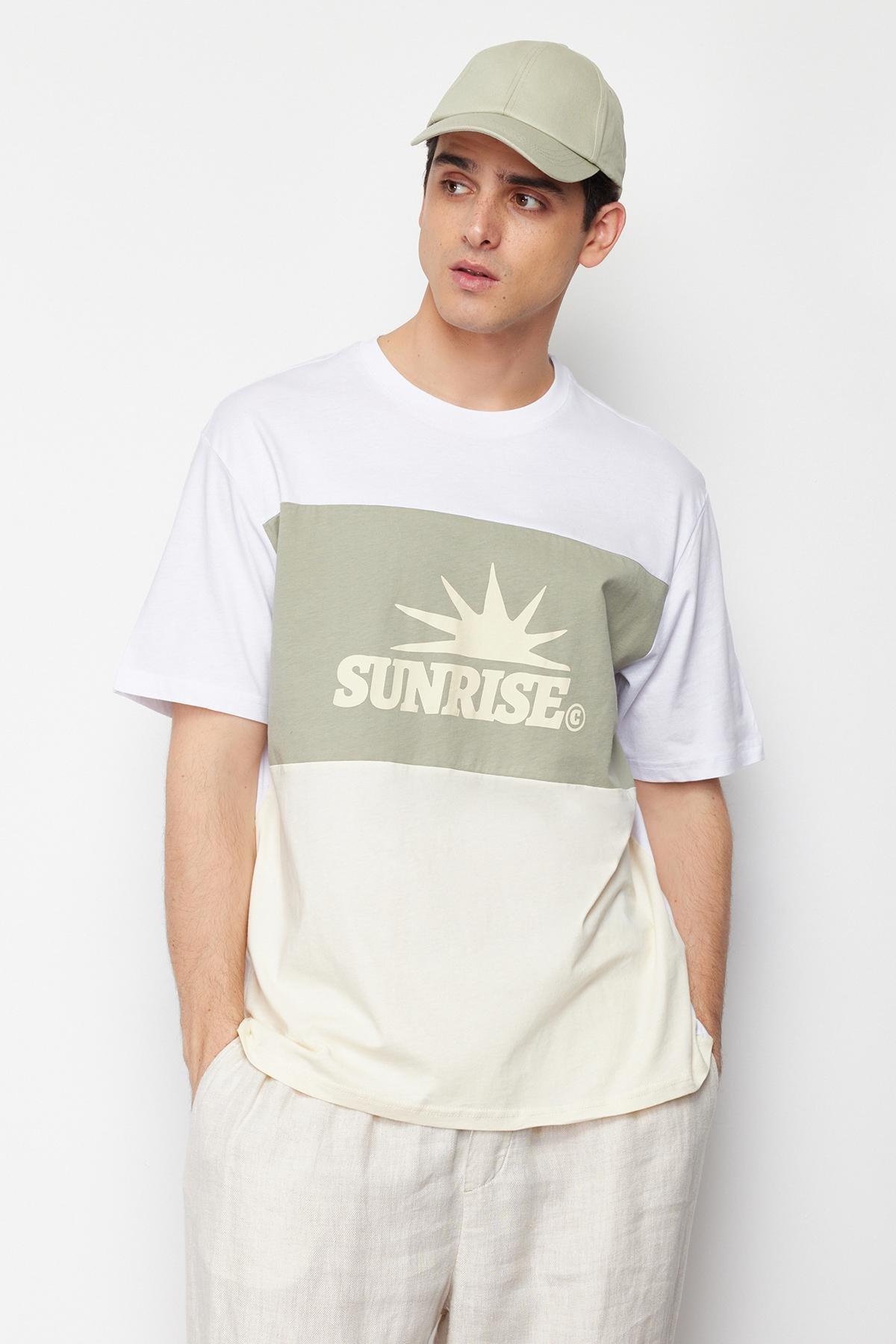 Mint Oversize/Wide Cut Text Printed Color Block 100% Cotton Short Sleeve T-Shirt TMNSS24TS00129, , large image number 0