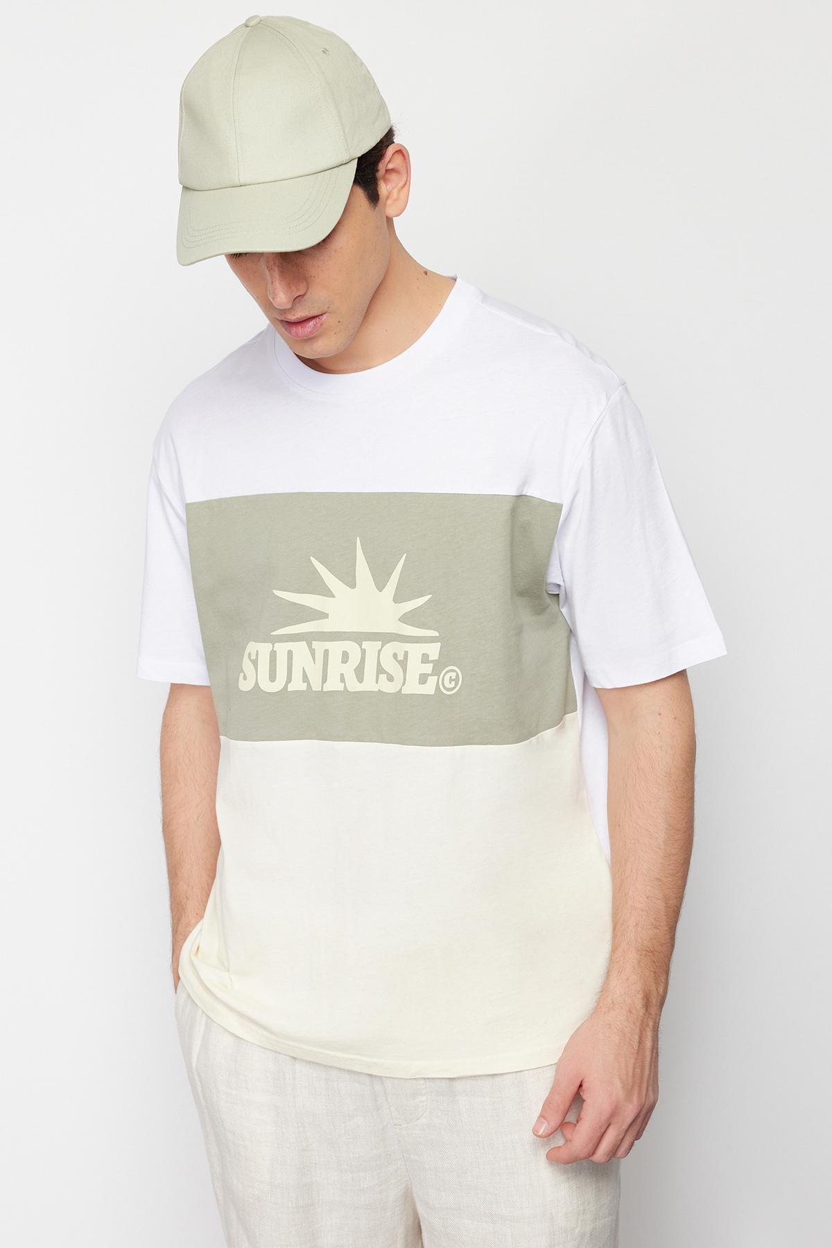 Mint Oversize/Wide Cut Text Printed Color Block 100% Cotton Short Sleeve T-Shirt TMNSS24TS00129, , large image number 1