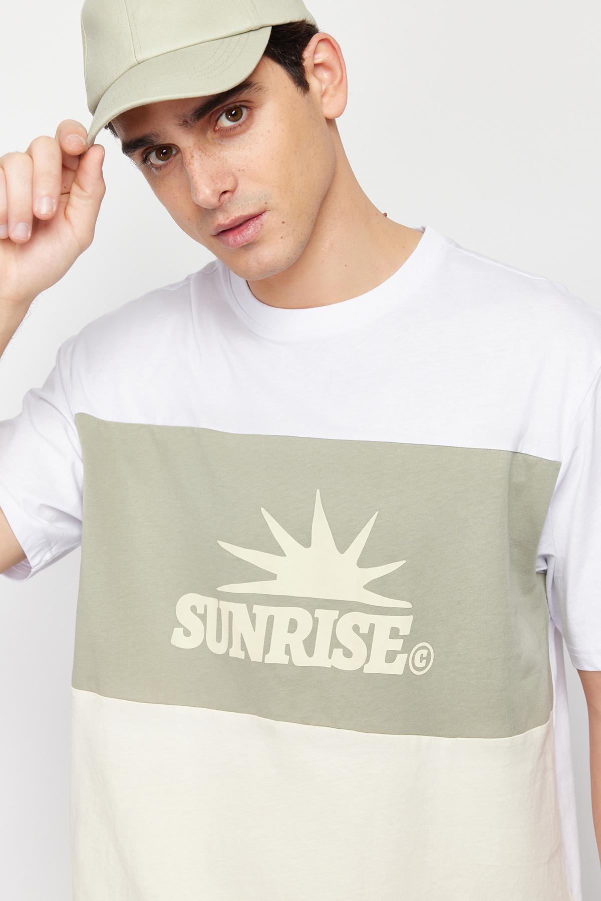 Mint Oversize/Wide Cut Text Printed Color Block 100% Cotton Short Sleeve T-Shirt TMNSS24TS00129, , large image number 2