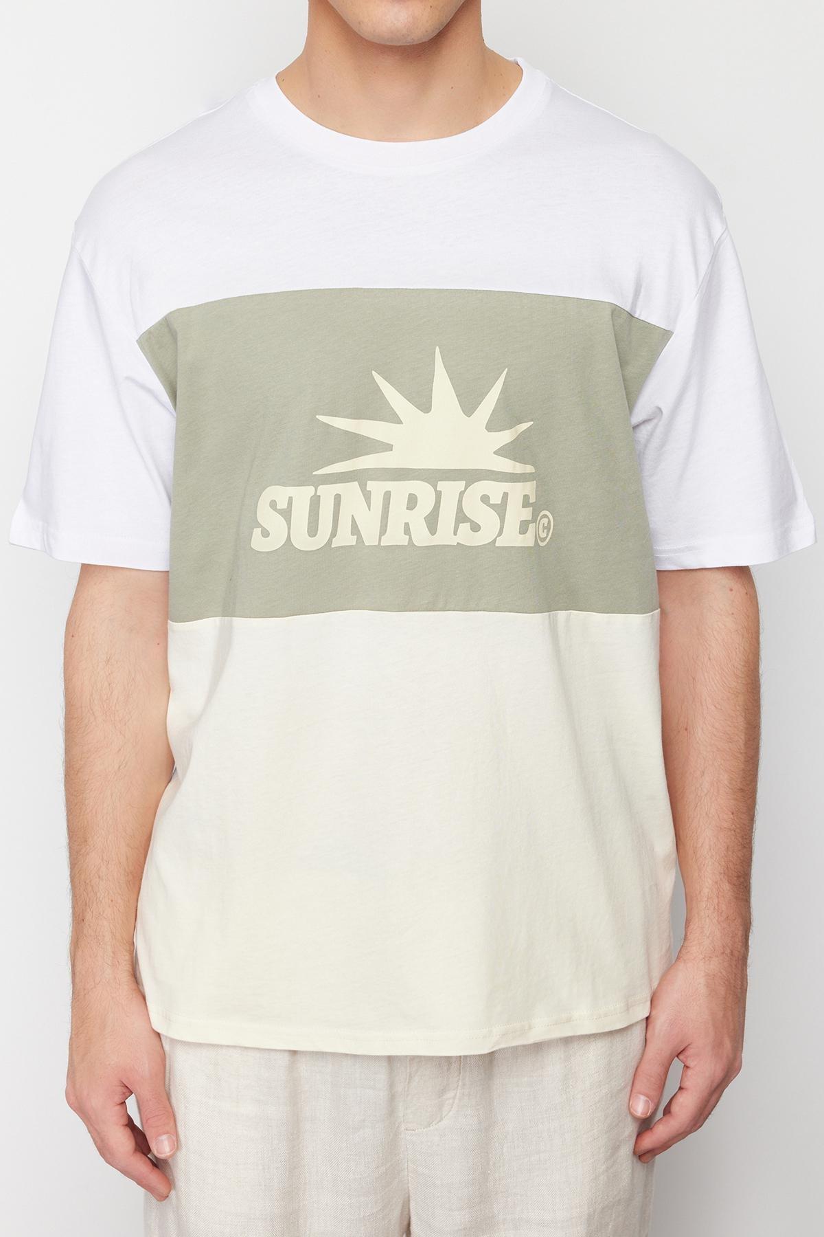 Mint Oversize/Wide Cut Text Printed Color Block 100% Cotton Short Sleeve T-Shirt TMNSS24TS00129, , large image number 3