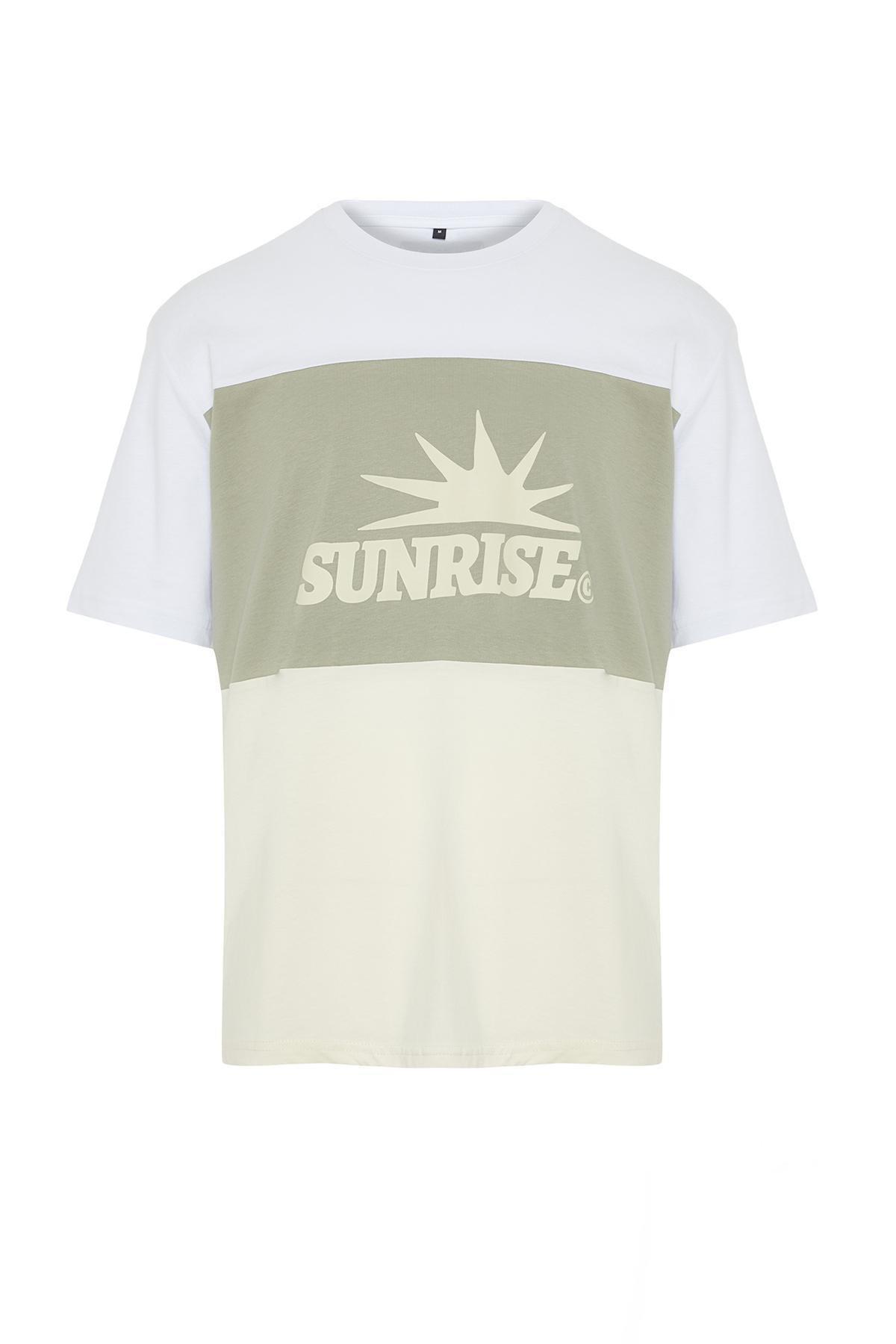 Mint Oversize/Wide Cut Text Printed Color Block 100% Cotton Short Sleeve T-Shirt TMNSS24TS00129, , large image number 5
