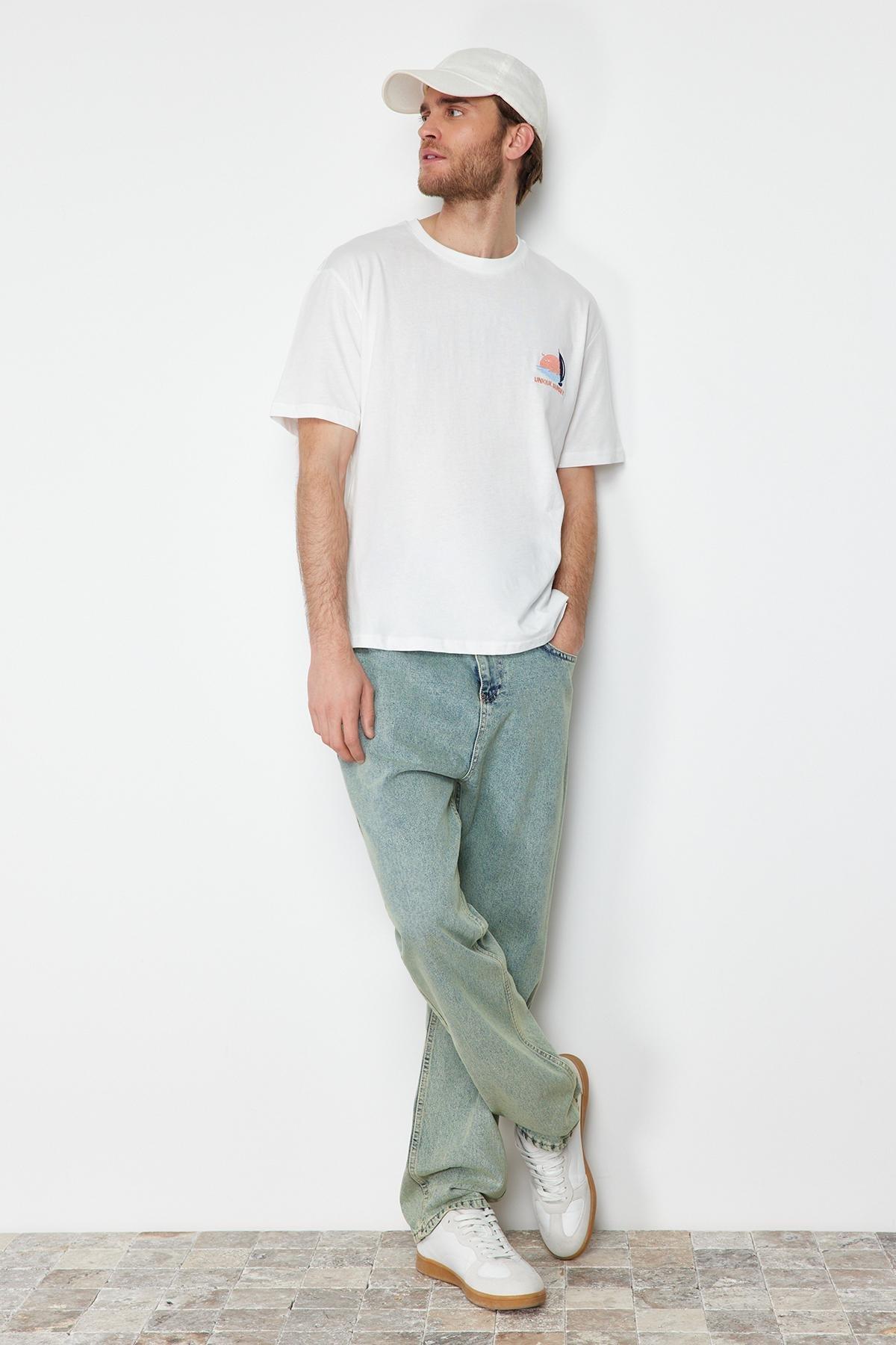 Ecru Oversize/Wide Cut Landscape Embroidered 100% Cotton Short Sleeve T-Shirt TMNSS24TS00128, Ecru, large image number 0