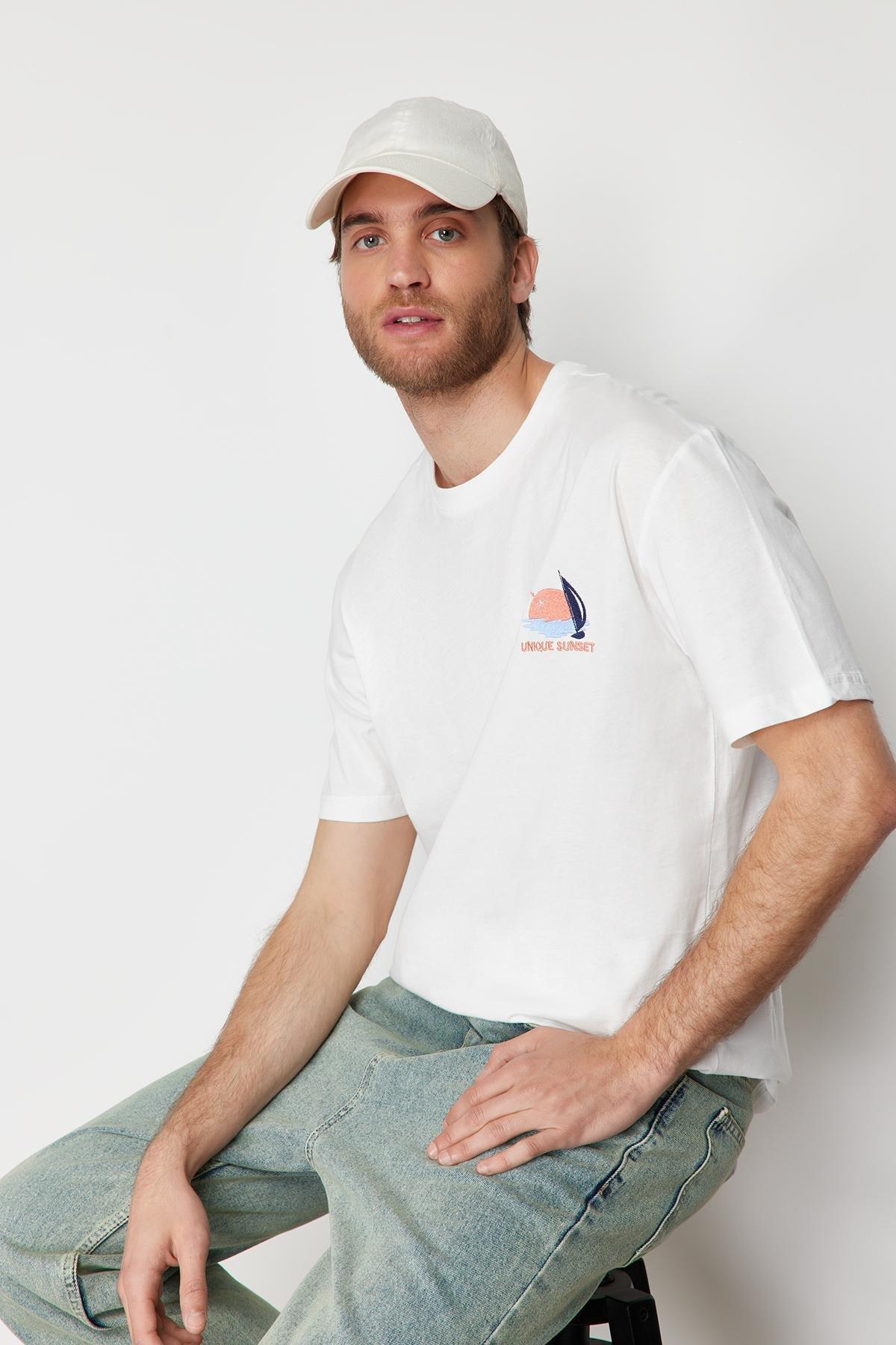 Ecru Oversize/Wide Cut Landscape Embroidered 100% Cotton Short Sleeve T-Shirt TMNSS24TS00128, Ecru, large image number 1