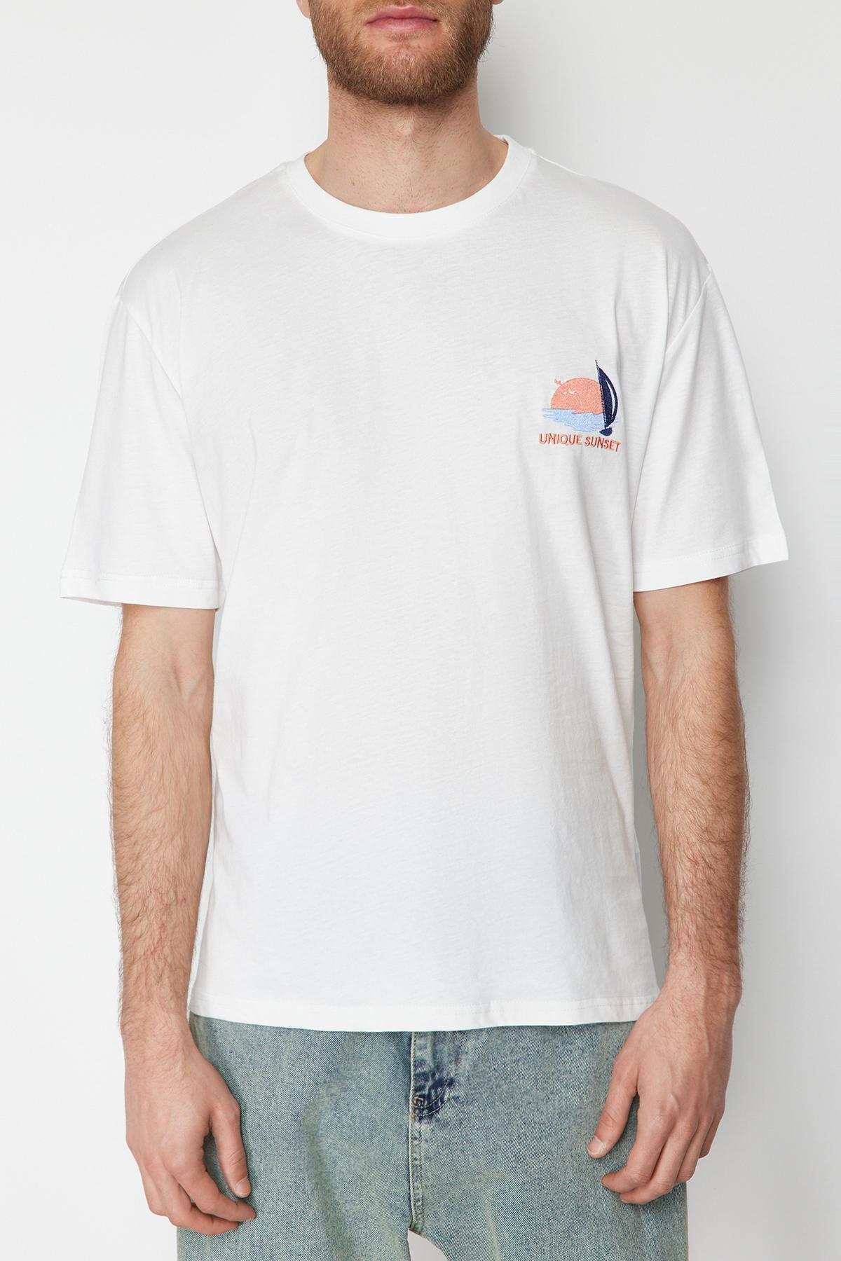 Ecru Oversize/Wide Cut Landscape Embroidered 100% Cotton Short Sleeve T-Shirt TMNSS24TS00128, Ecru, large image number 2