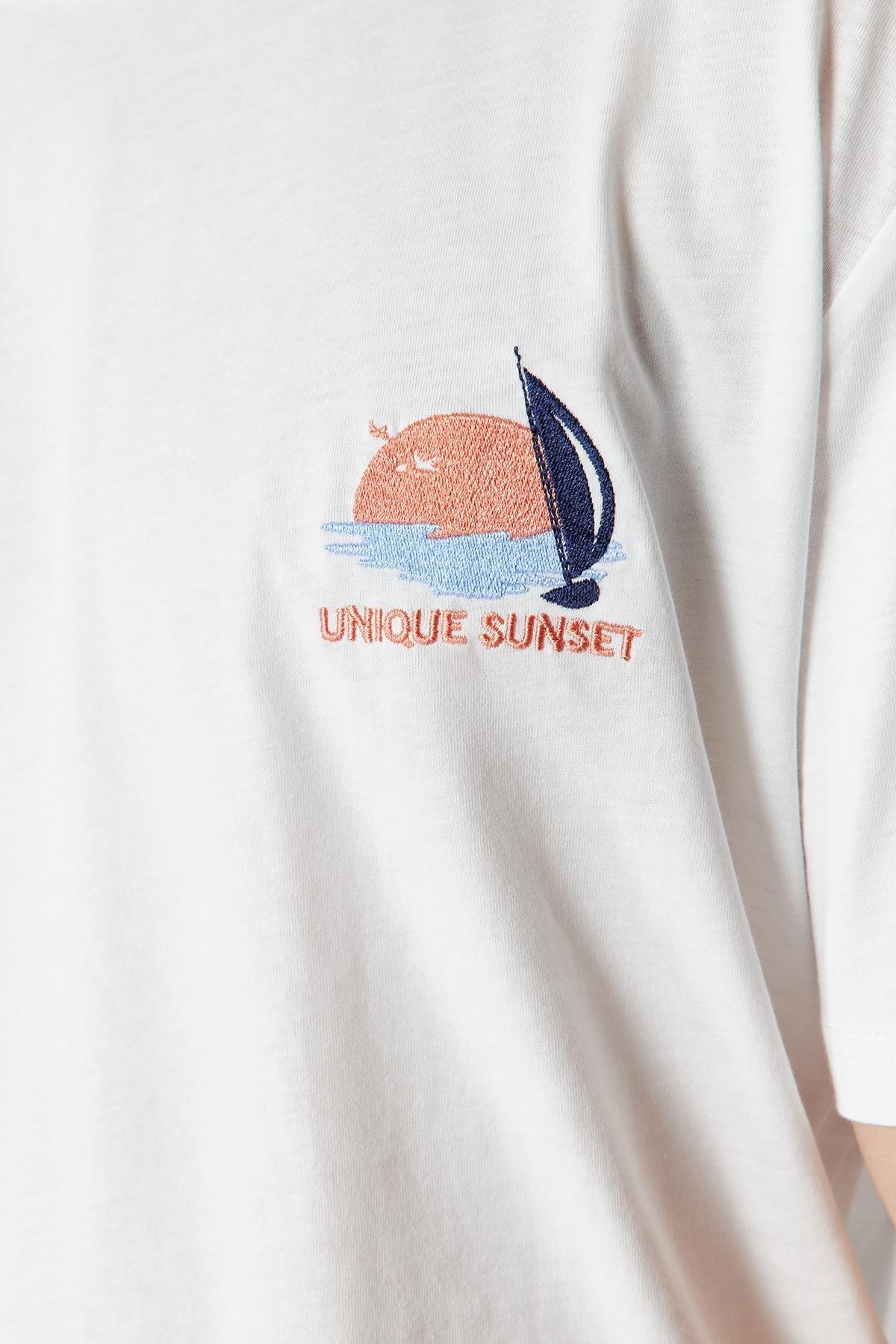 Ecru Oversize/Wide Cut Landscape Embroidered 100% Cotton Short Sleeve T-Shirt TMNSS24TS00128, Ecru, large image number 3