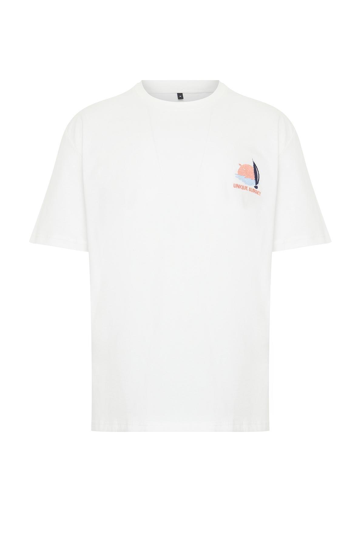 Ecru Oversize/Wide Cut Landscape Embroidered 100% Cotton Short Sleeve T-Shirt TMNSS24TS00128, Ecru, large image number 4
