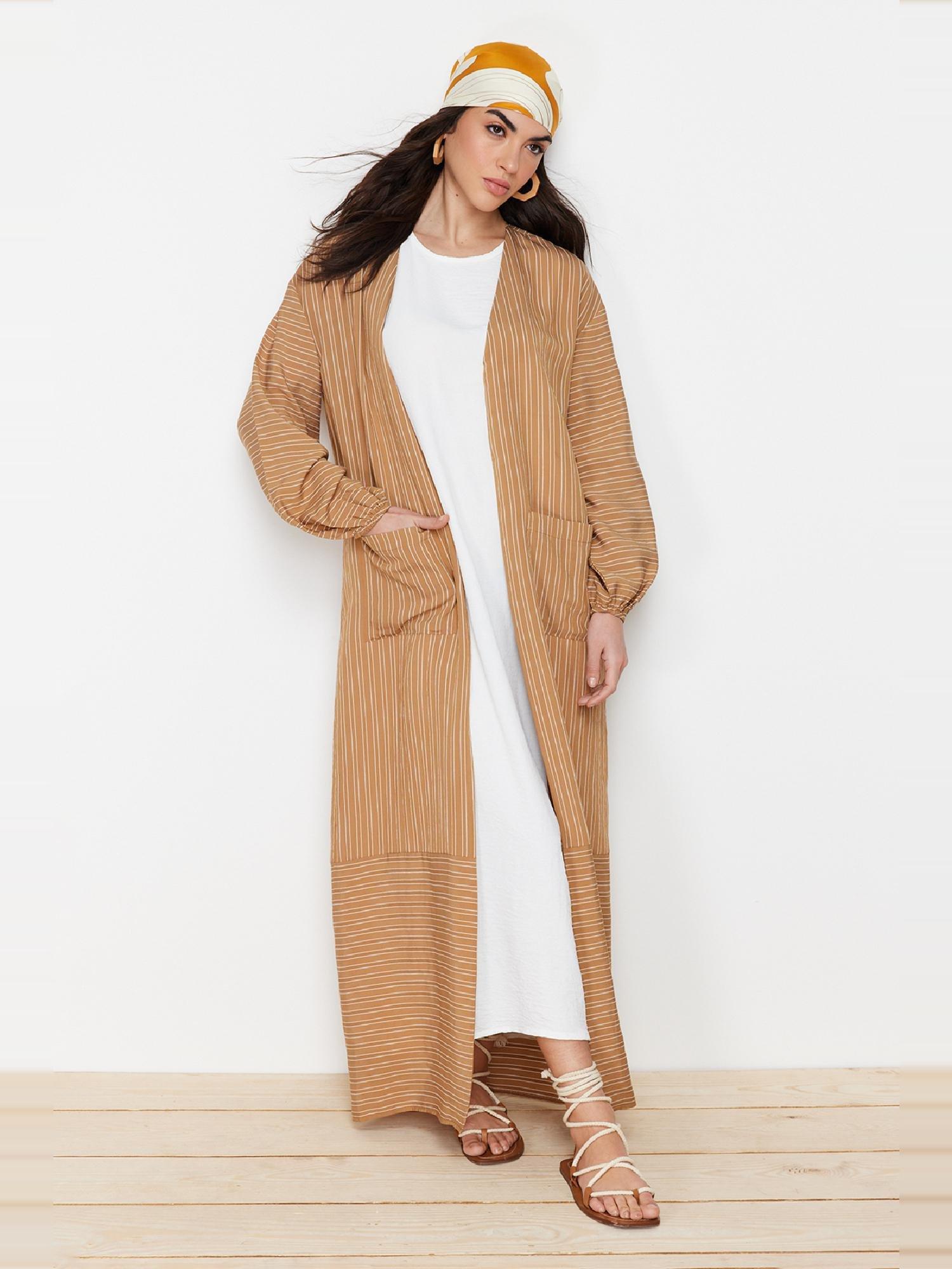 Camel Long Linen Look Striped Woven Cap & Abaya & Abaya TCTSS24KF00003, CAMEL, large image number 0
