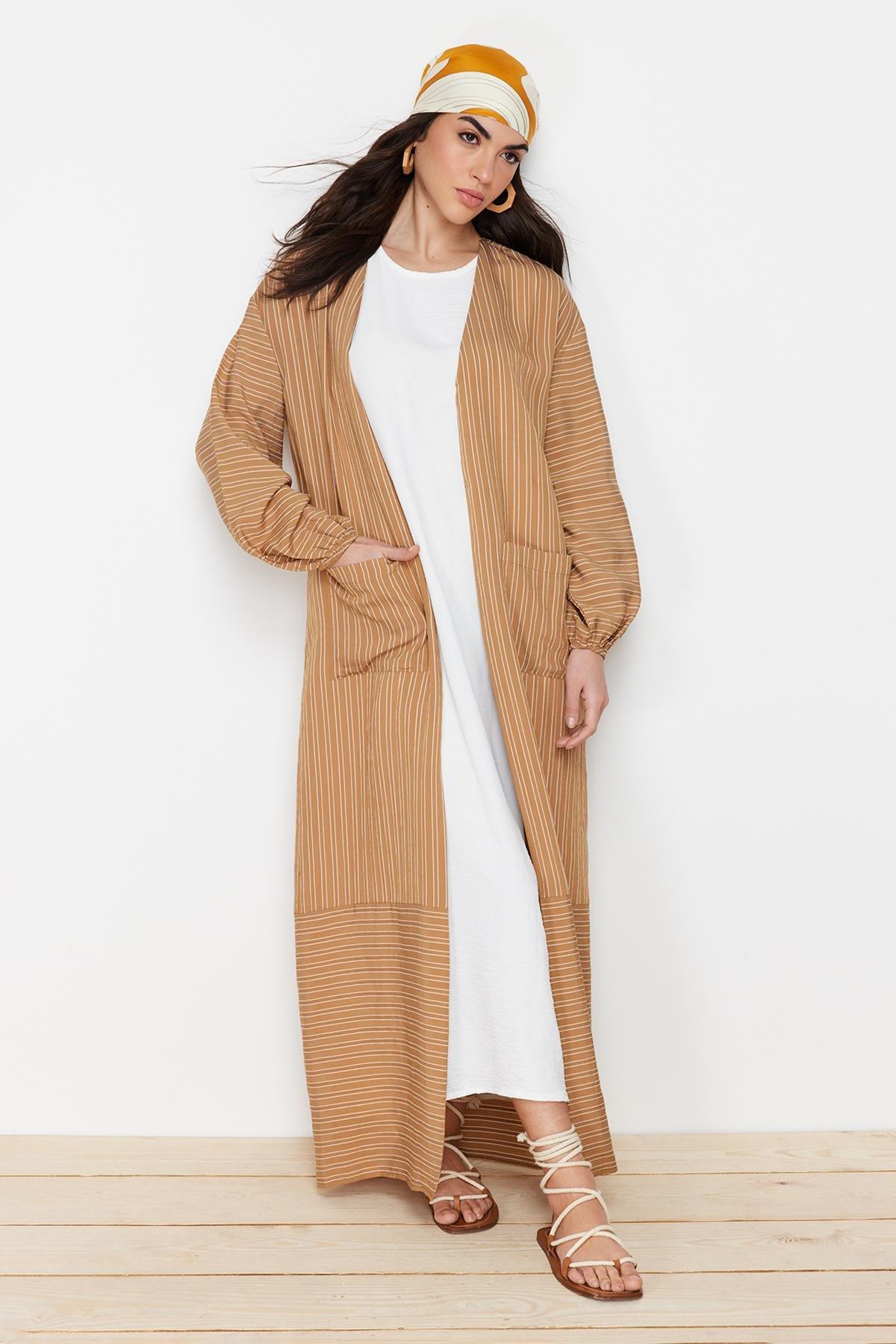 Camel Long Linen Look Striped Woven Cap & Abaya & Abaya TCTSS24KF00003, CAMEL, large image number 2