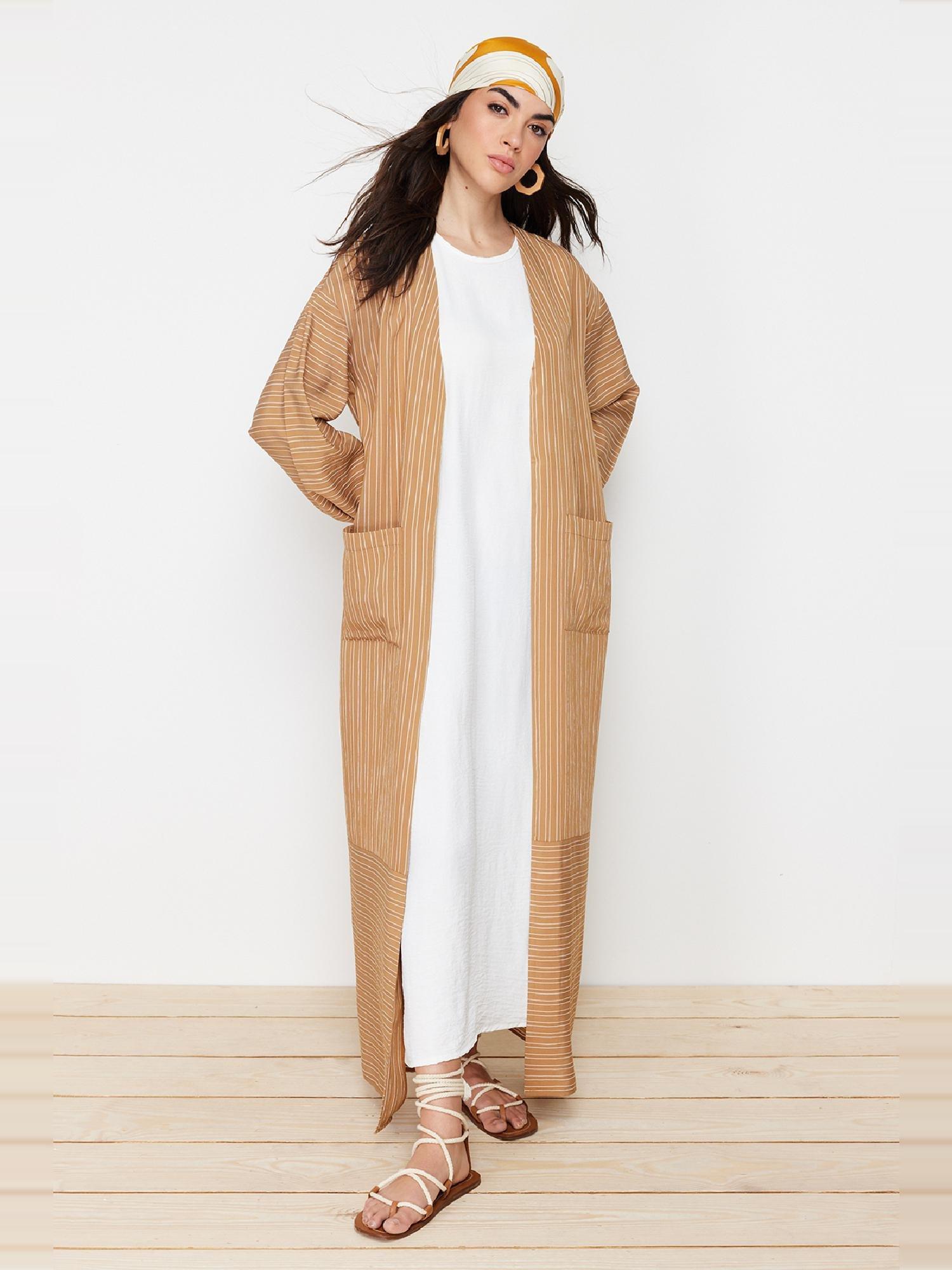 Camel Long Linen Look Striped Woven Cap & Abaya & Abaya TCTSS24KF00003, CAMEL, large image number 3