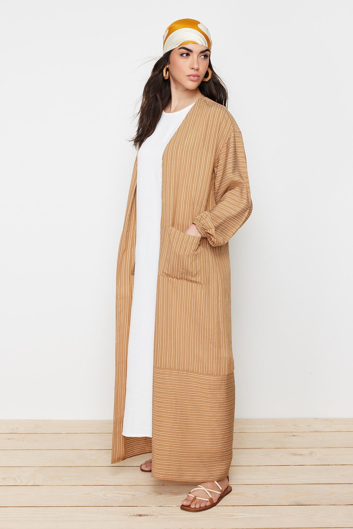 Camel Long Linen Look Striped Woven Cap & Abaya & Abaya TCTSS24KF00003, CAMEL, large image number 5