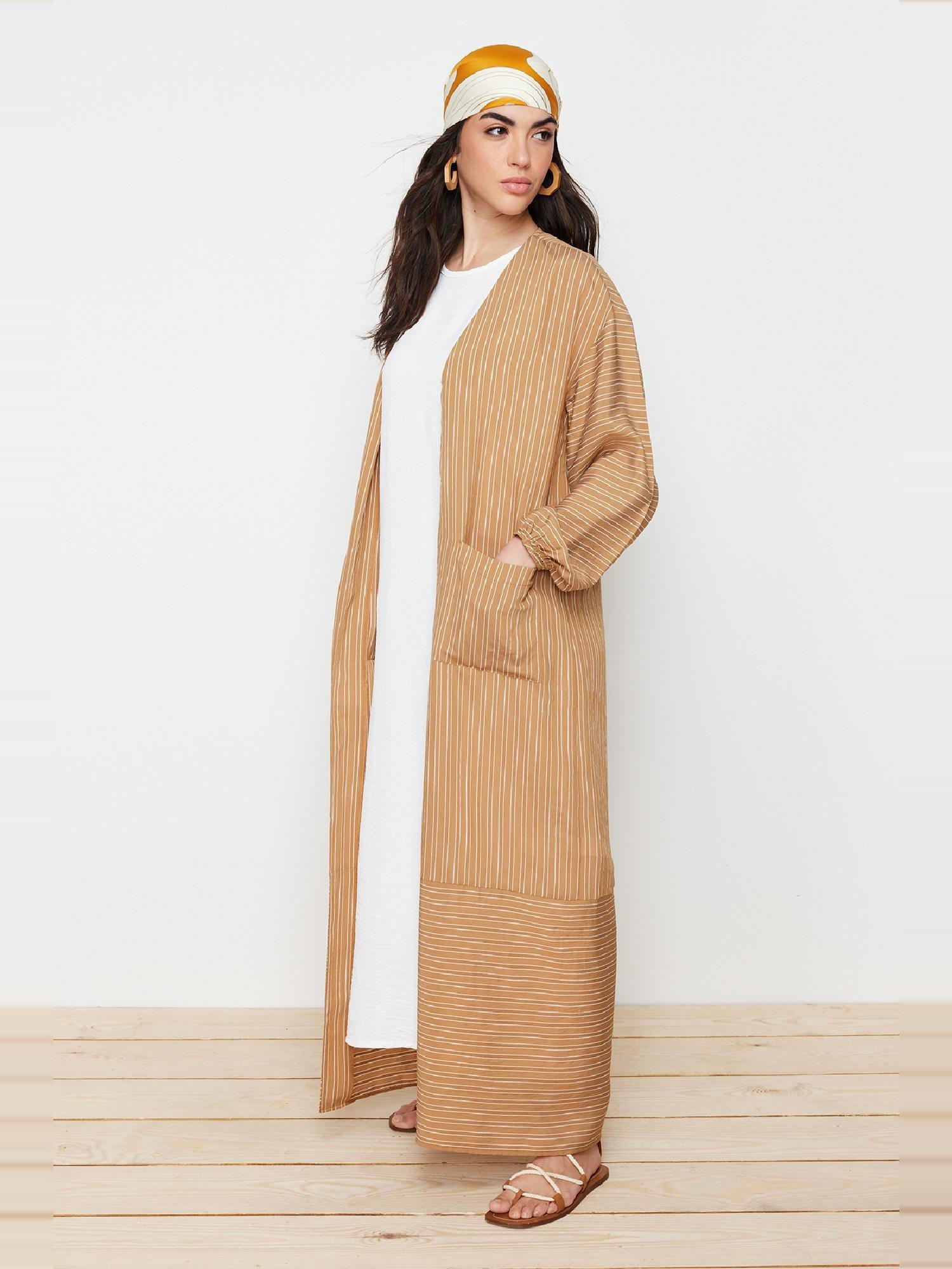 Camel Long Linen Look Striped Woven Cap & Abaya & Abaya TCTSS24KF00003, CAMEL, large image number 6