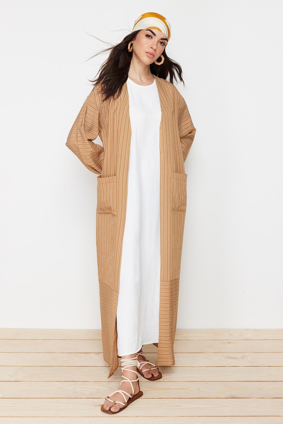 Camel Long Linen Look Striped Woven Cap & Abaya & Abaya TCTSS24KF00003, CAMEL, large image number 8