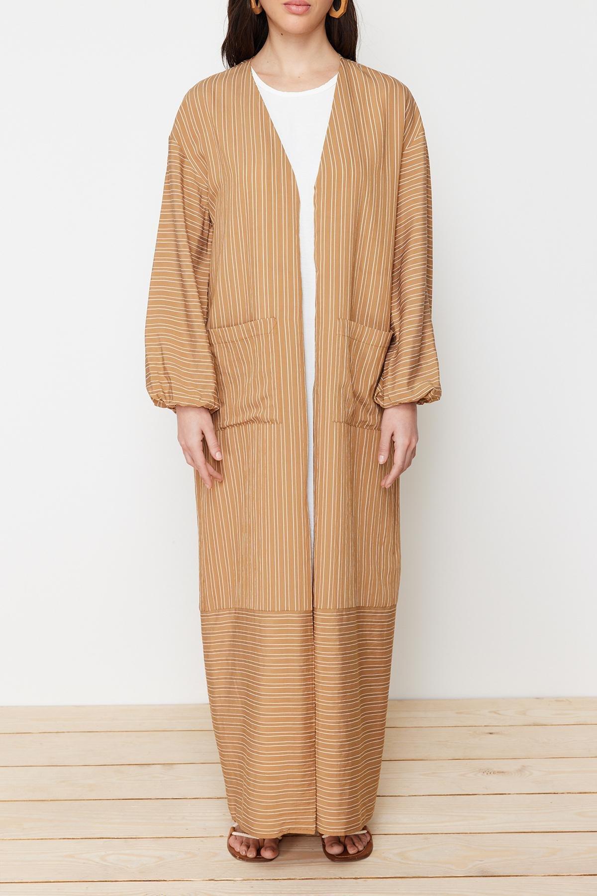 Camel Long Linen Look Striped Woven Cap & Abaya & Abaya TCTSS24KF00003, CAMEL, large image number 9