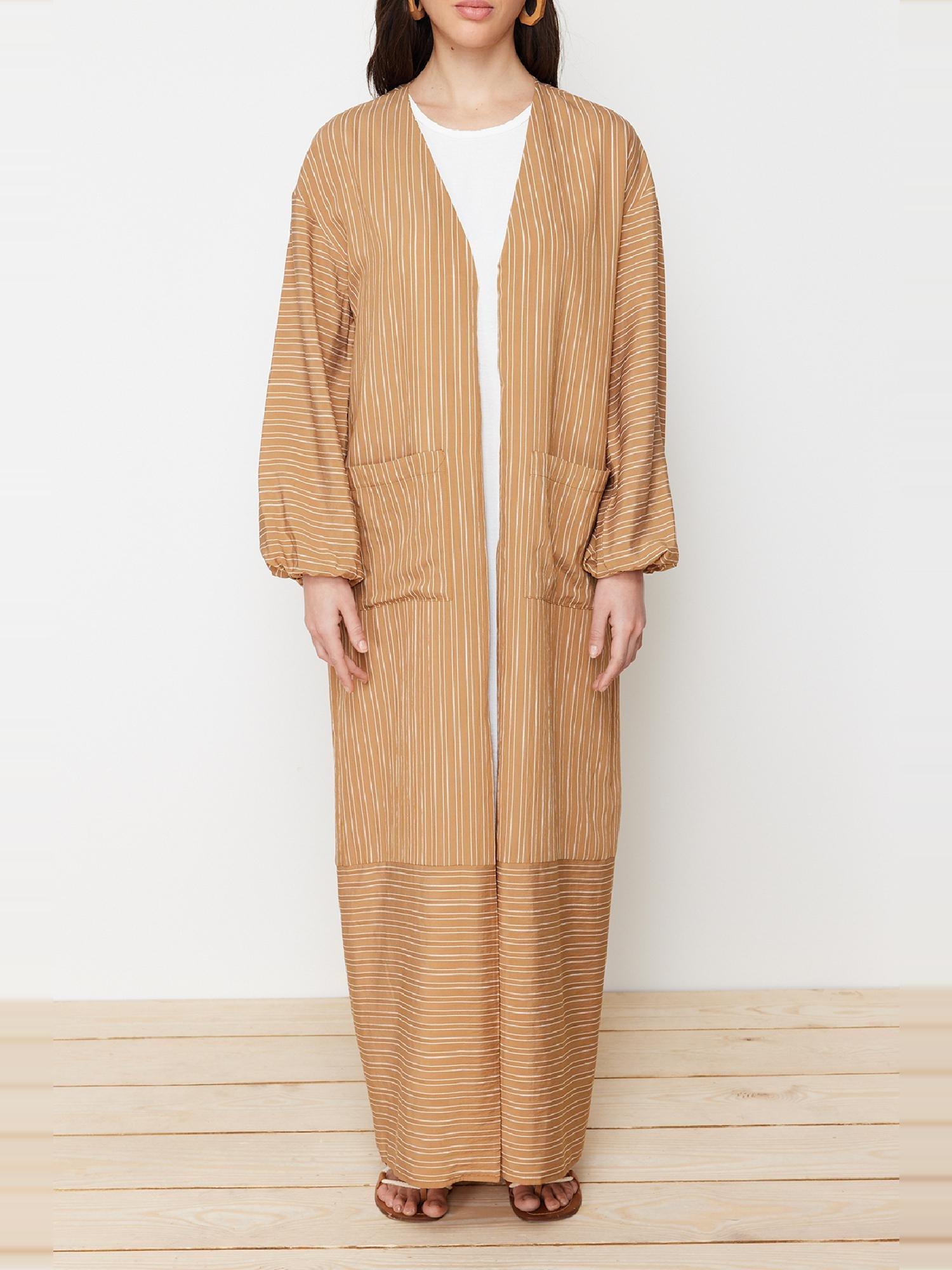 Camel Long Linen Look Striped Woven Cap & Abaya & Abaya TCTSS24KF00003, CAMEL, large image number 10