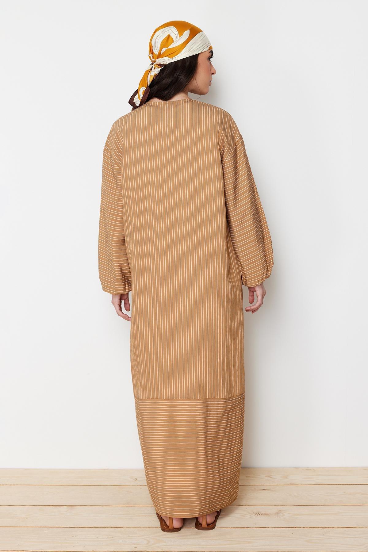 Camel Long Linen Look Striped Woven Cap & Abaya & Abaya TCTSS24KF00003, CAMEL, large image number 11