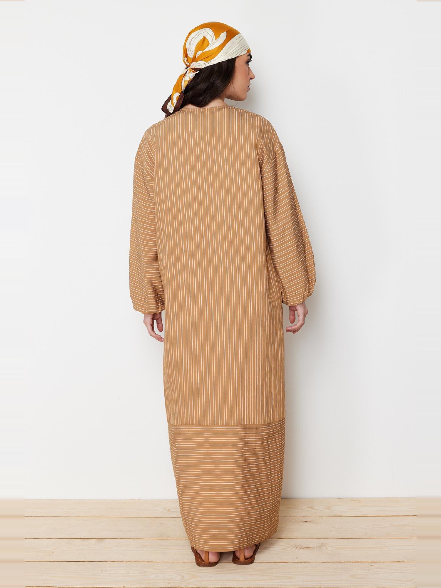 Camel Long Linen Look Striped Woven Cap & Abaya & Abaya TCTSS24KF00003, CAMEL, large image number 12