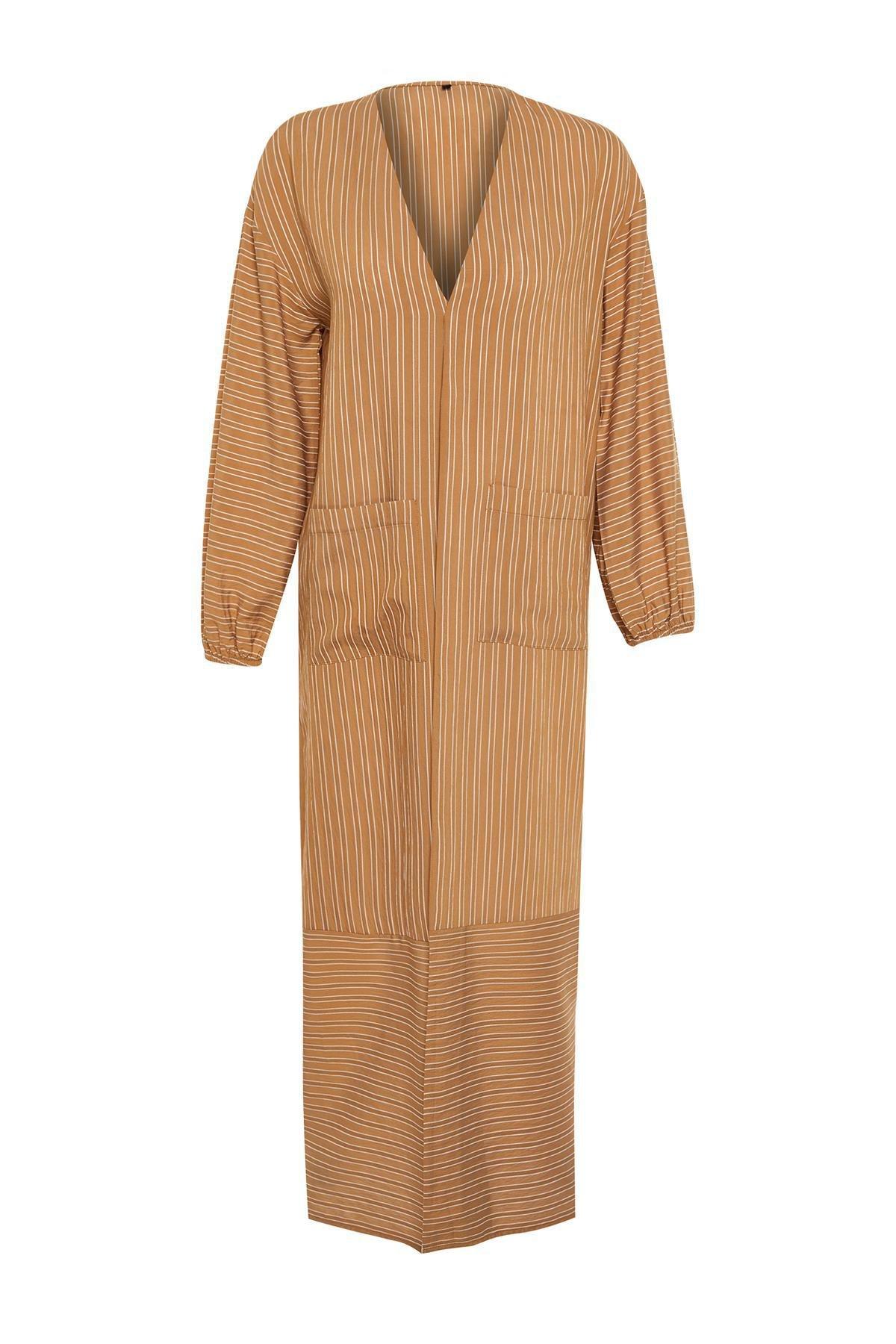 Camel Long Linen Look Striped Woven Cap & Abaya & Abaya TCTSS24KF00003, CAMEL, large image number 13