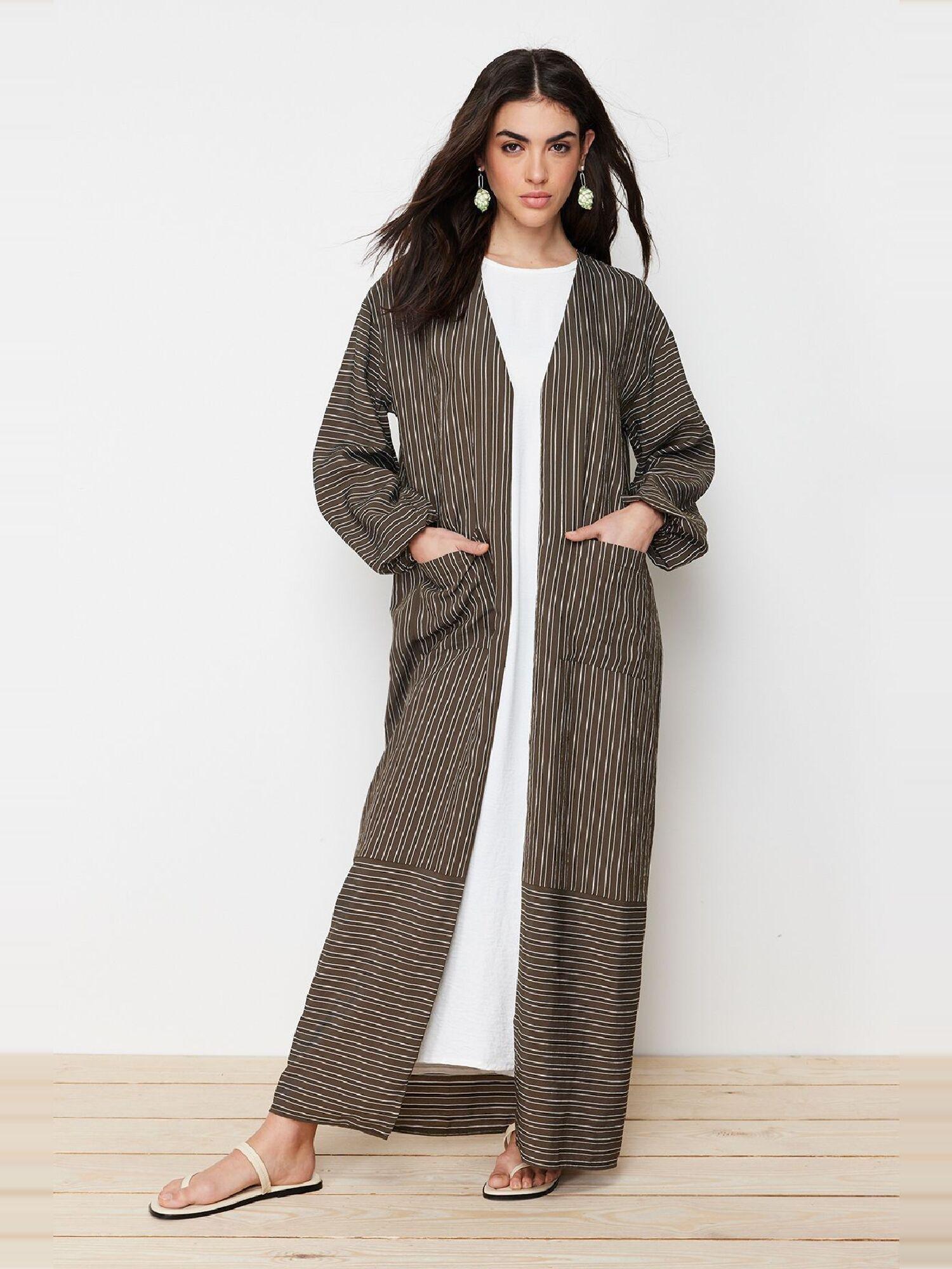 Khaki Long Linen Look Striped Woven Cape & Abaya & Abaya TCTSS24KF00003, , large image number 0