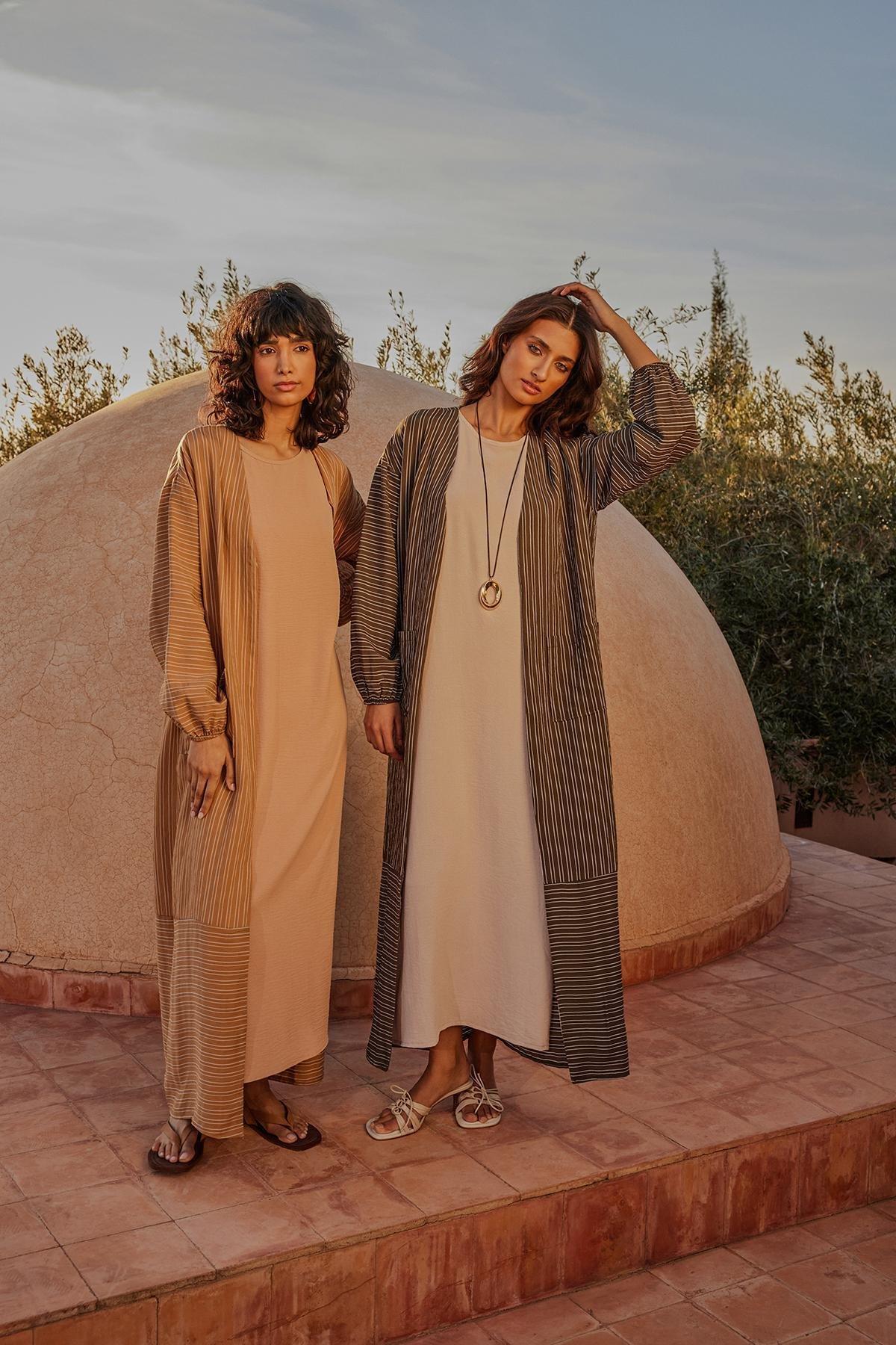 Khaki Long Linen Look Striped Woven Cape & Abaya & Abaya TCTSS24KF00003, , large image number 1