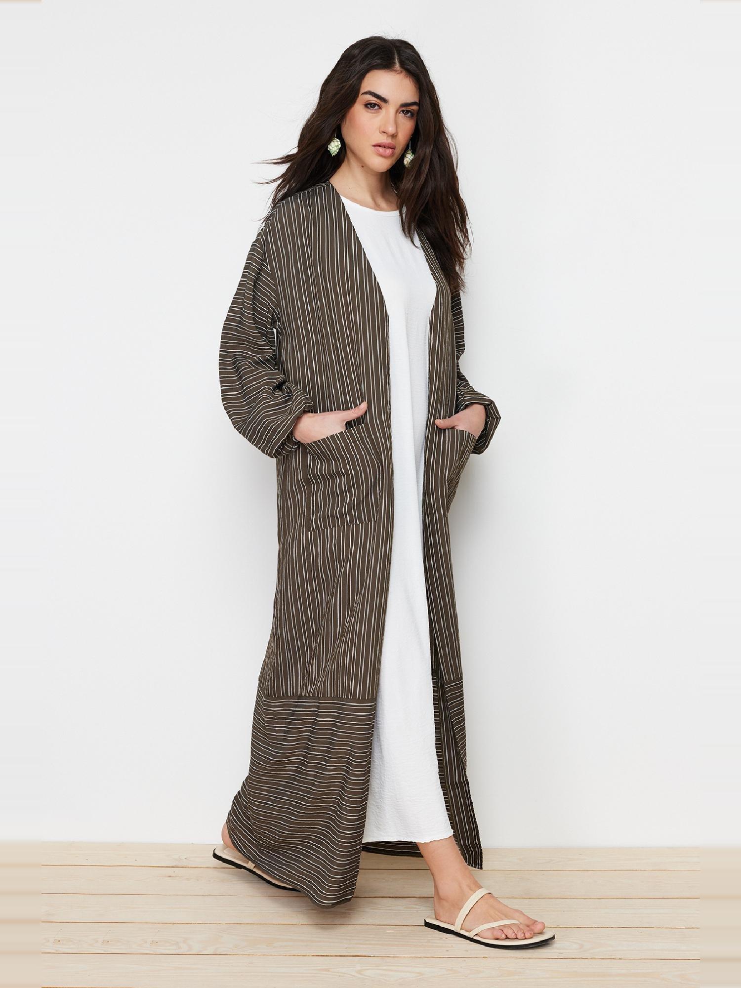 Khaki Long Linen Look Striped Woven Cape & Abaya & Abaya TCTSS24KF00003, , large image number 2