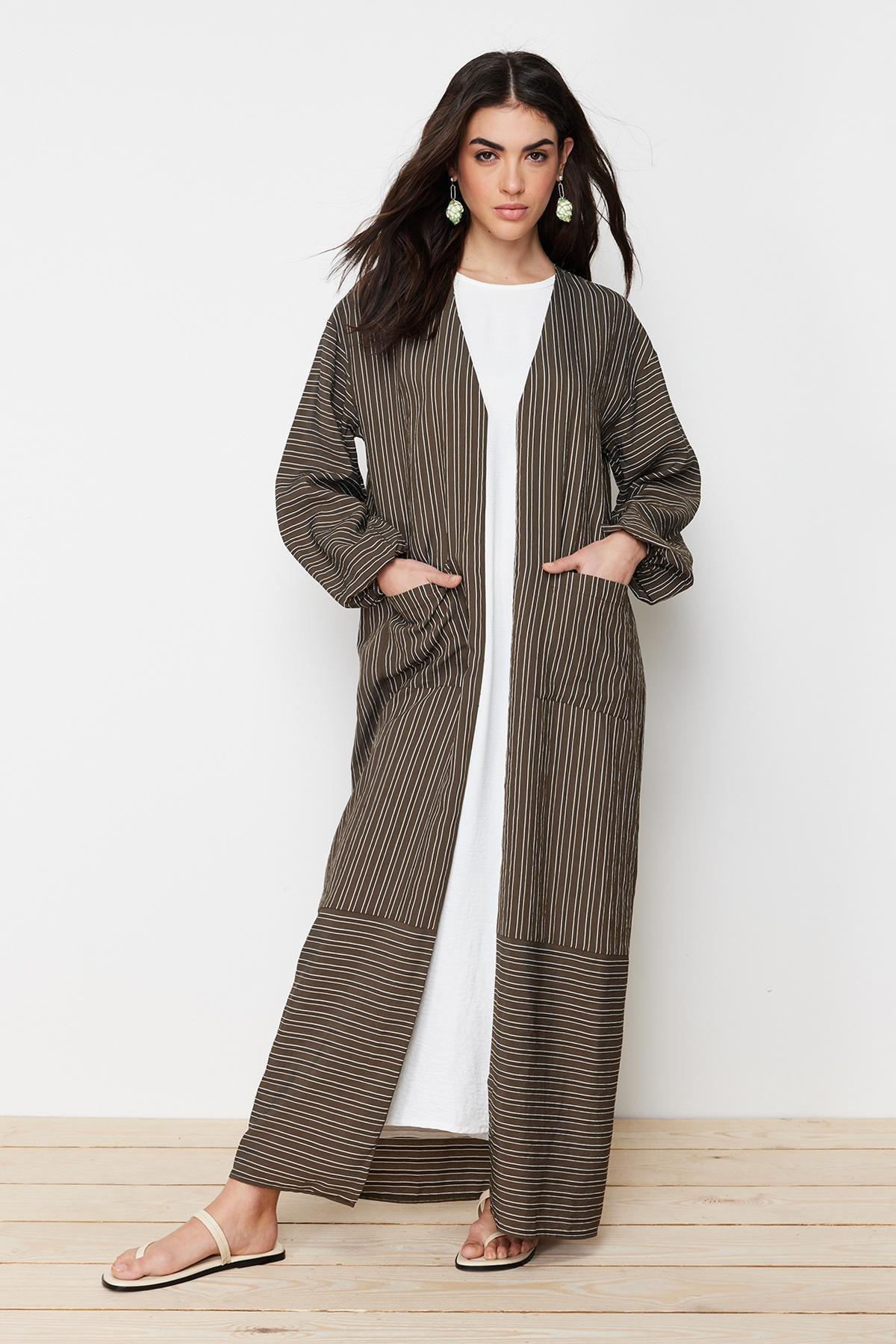 Khaki Long Linen Look Striped Woven Cape & Abaya & Abaya TCTSS24KF00003, , large image number 3