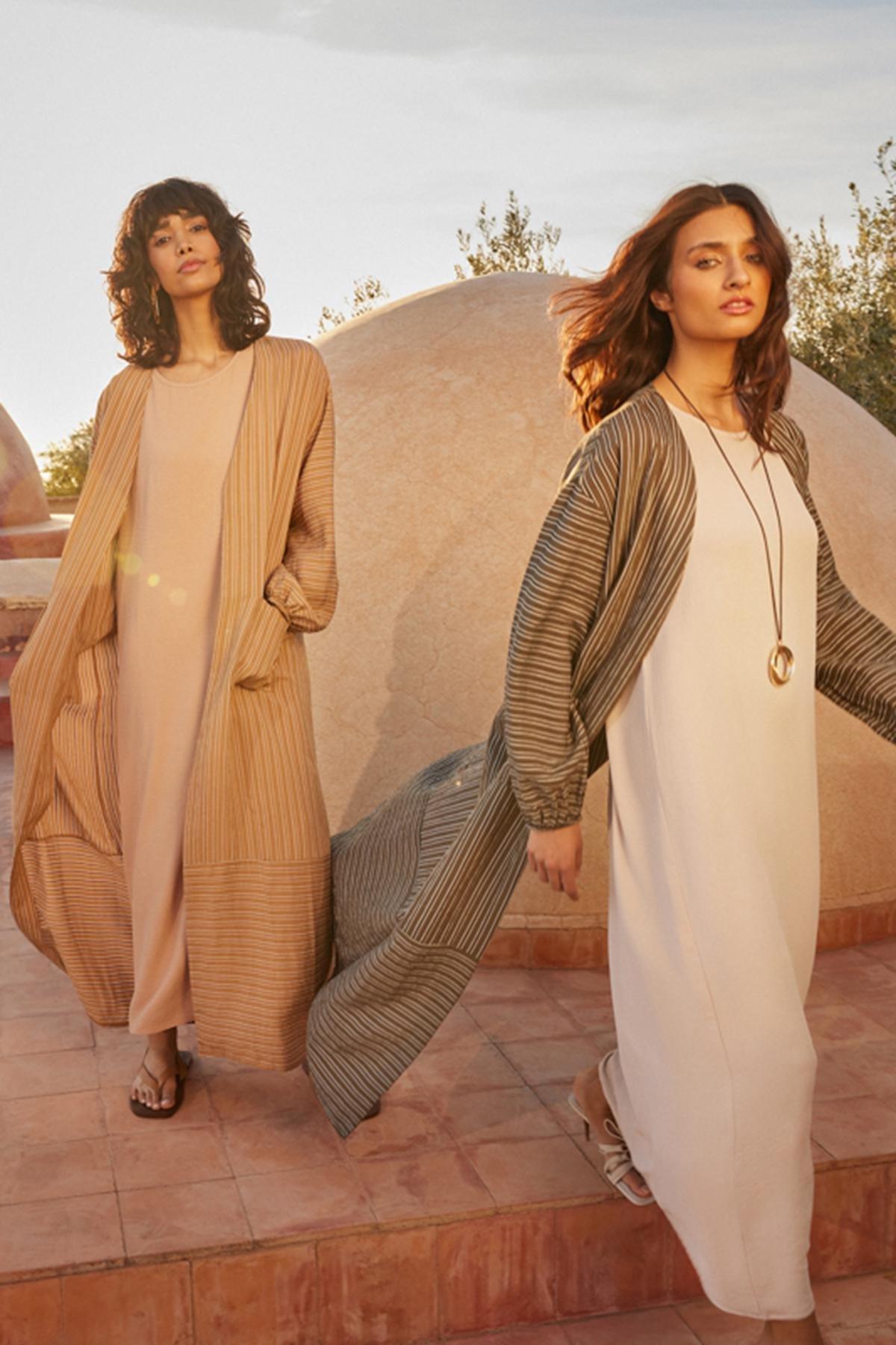 Khaki Long Linen Look Striped Woven Cape & Abaya & Abaya TCTSS24KF00003, , large image number 4