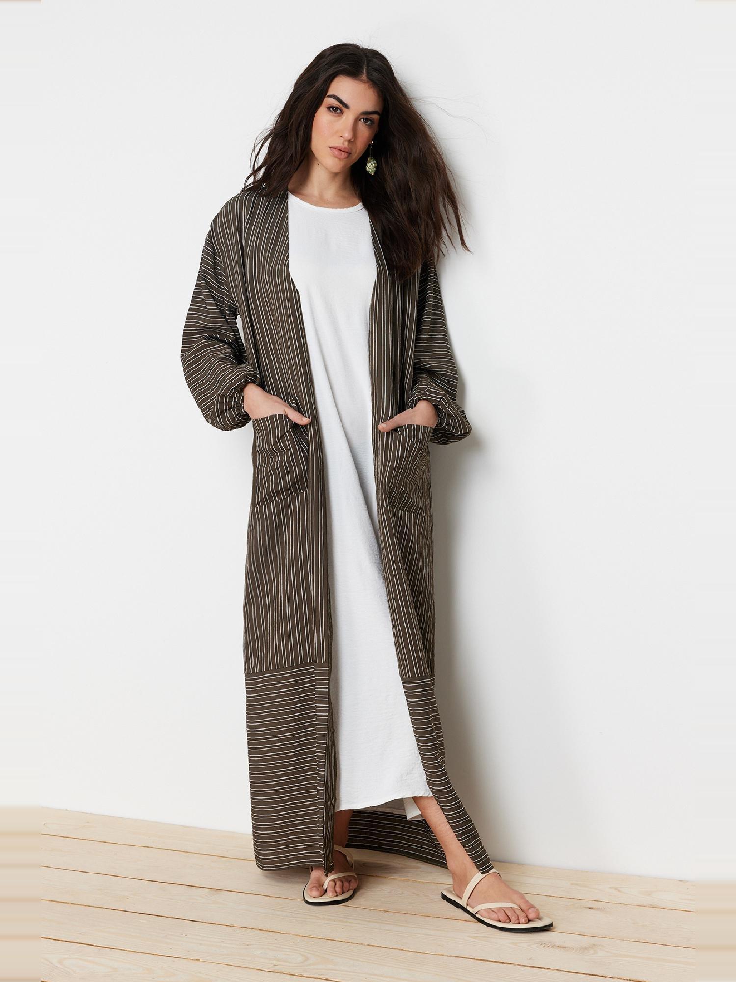 Khaki Long Linen Look Striped Woven Cape & Abaya & Abaya TCTSS24KF00003, , large image number 5