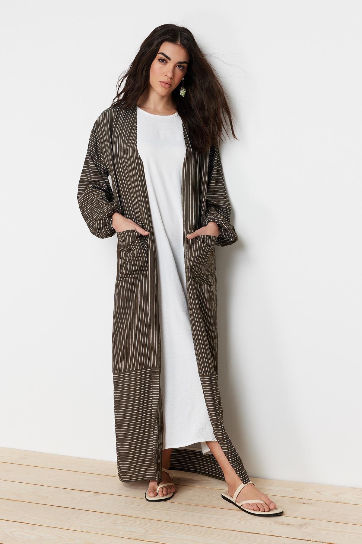 Khaki Long Linen Look Striped Woven Cape & Abaya & Abaya TCTSS24KF00003, , large image number 6