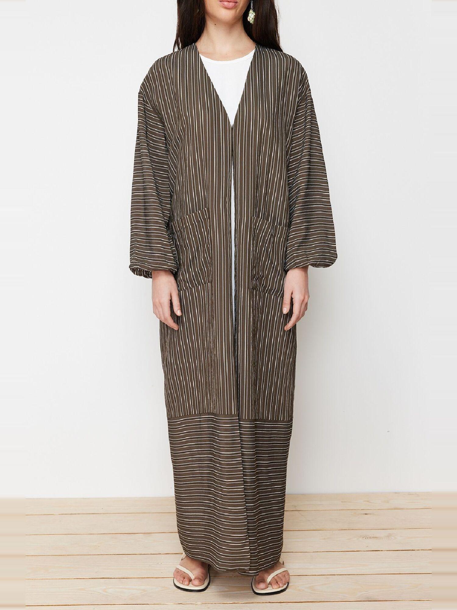 Khaki Long Linen Look Striped Woven Cape & Abaya & Abaya TCTSS24KF00003, , large image number 7