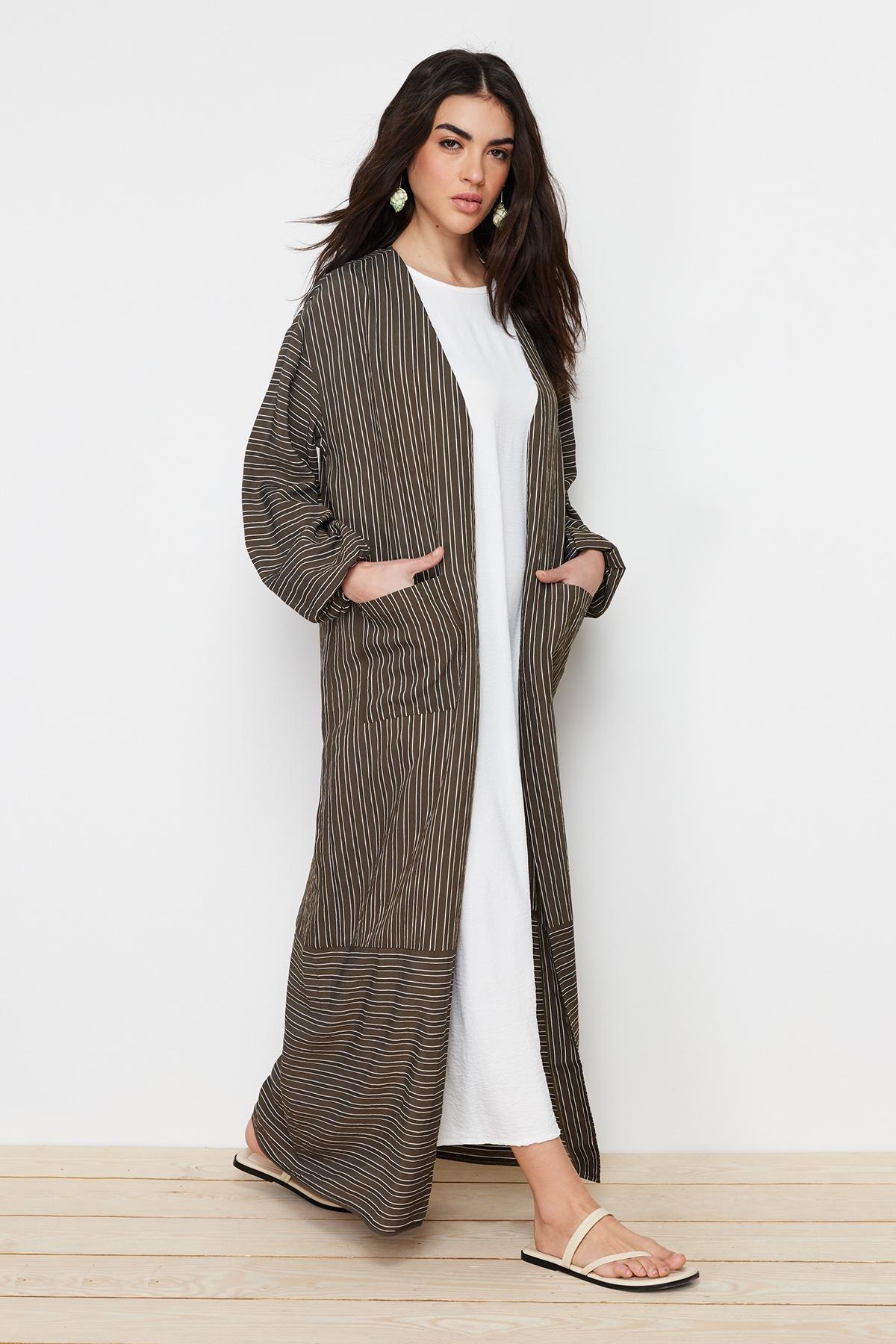 Khaki Long Linen Look Striped Woven Cape & Abaya & Abaya TCTSS24KF00003, , large image number 8