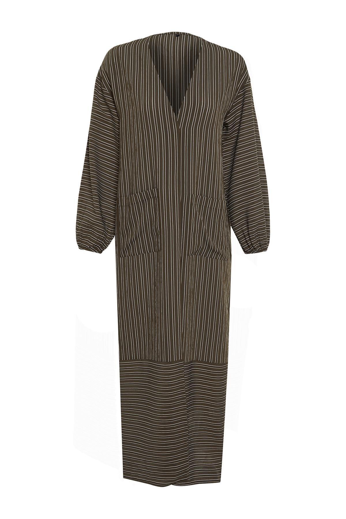 Khaki Long Linen Look Striped Woven Cape & Abaya & Abaya TCTSS24KF00003, , large image number 12