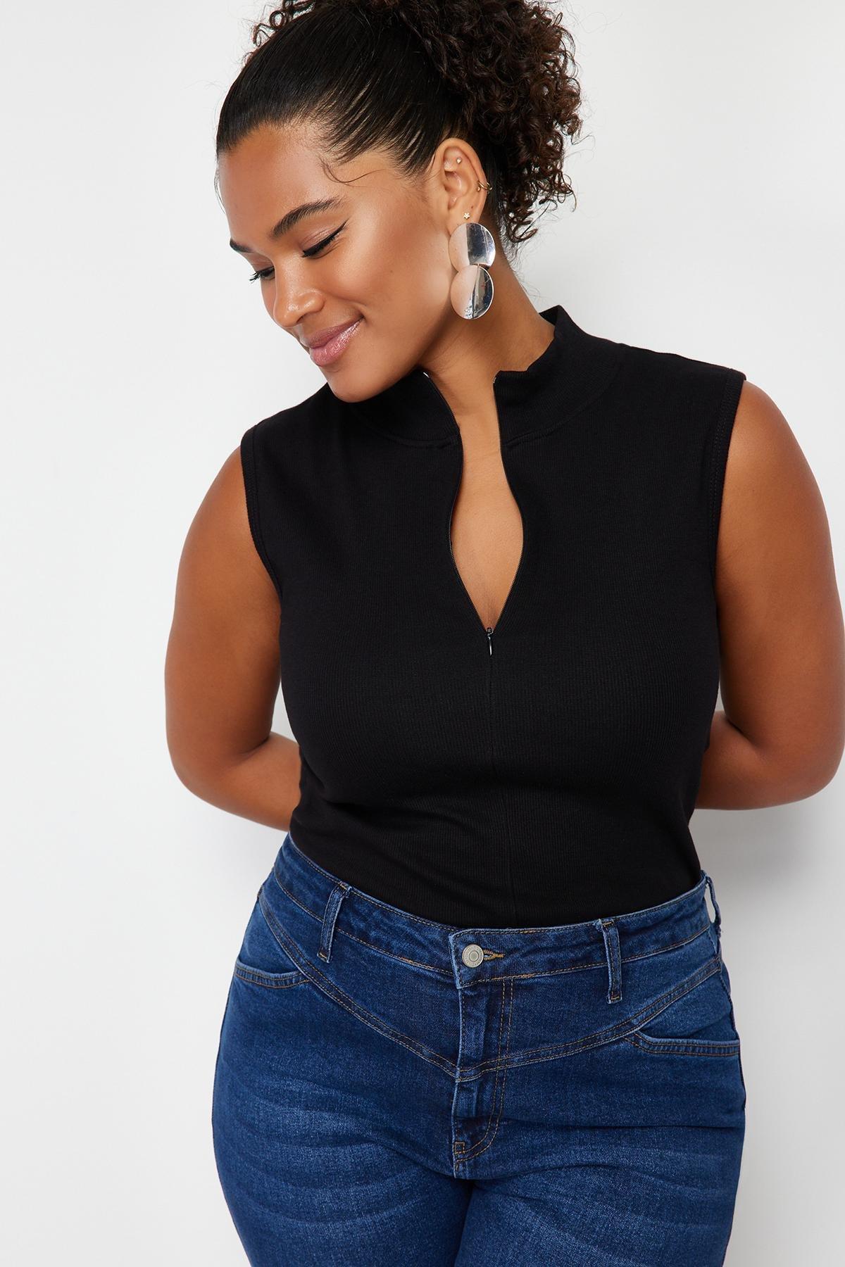Black High Neck Zippered Knitted Blouse, , large image number 1