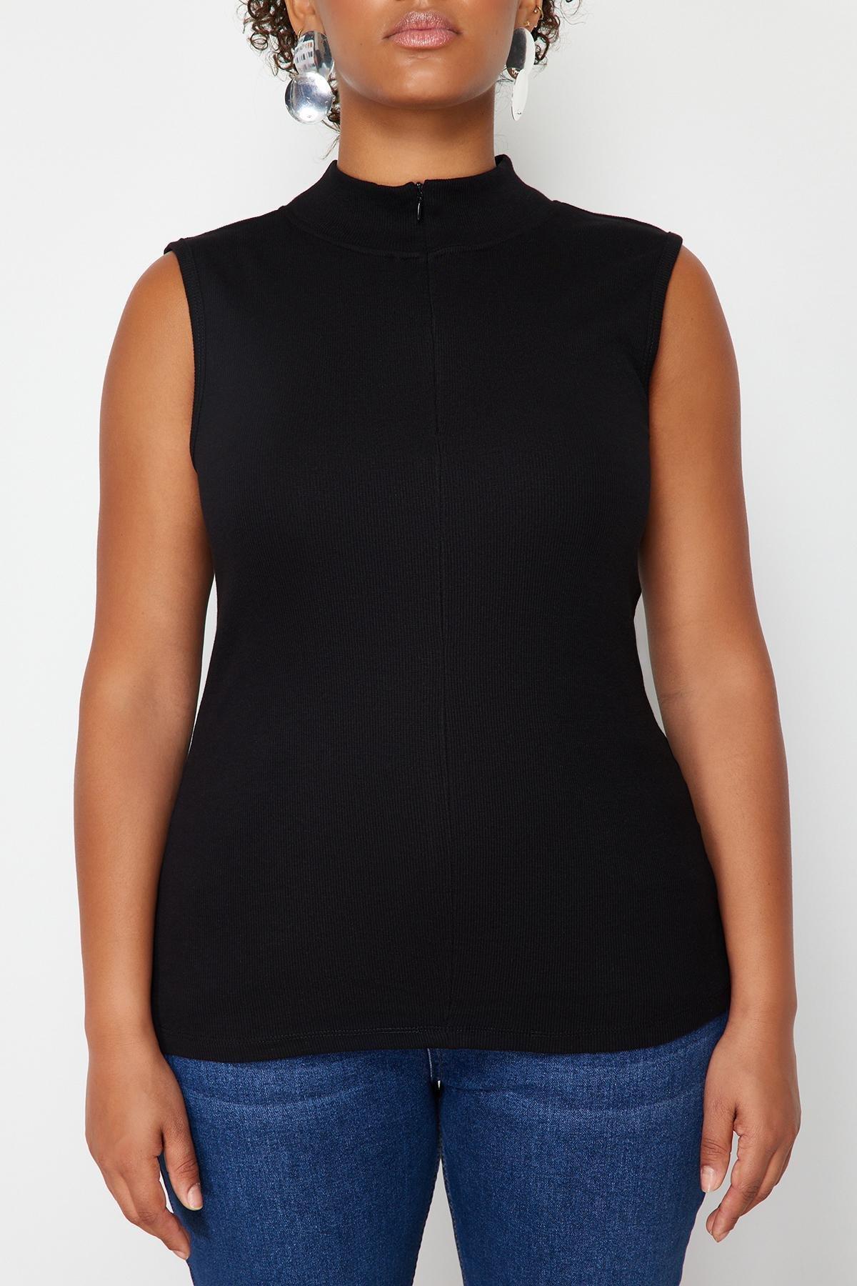 Black High Neck Zippered Knitted Blouse, , large image number 3