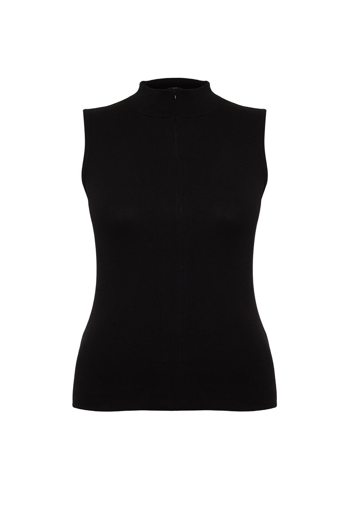 Black High Neck Zippered Knitted Blouse, , large image number 6