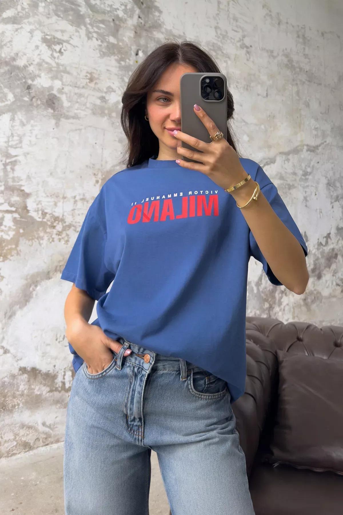 Blue Printed Oversize Crew-Neck T-Shirt, Indigo, large image number 1