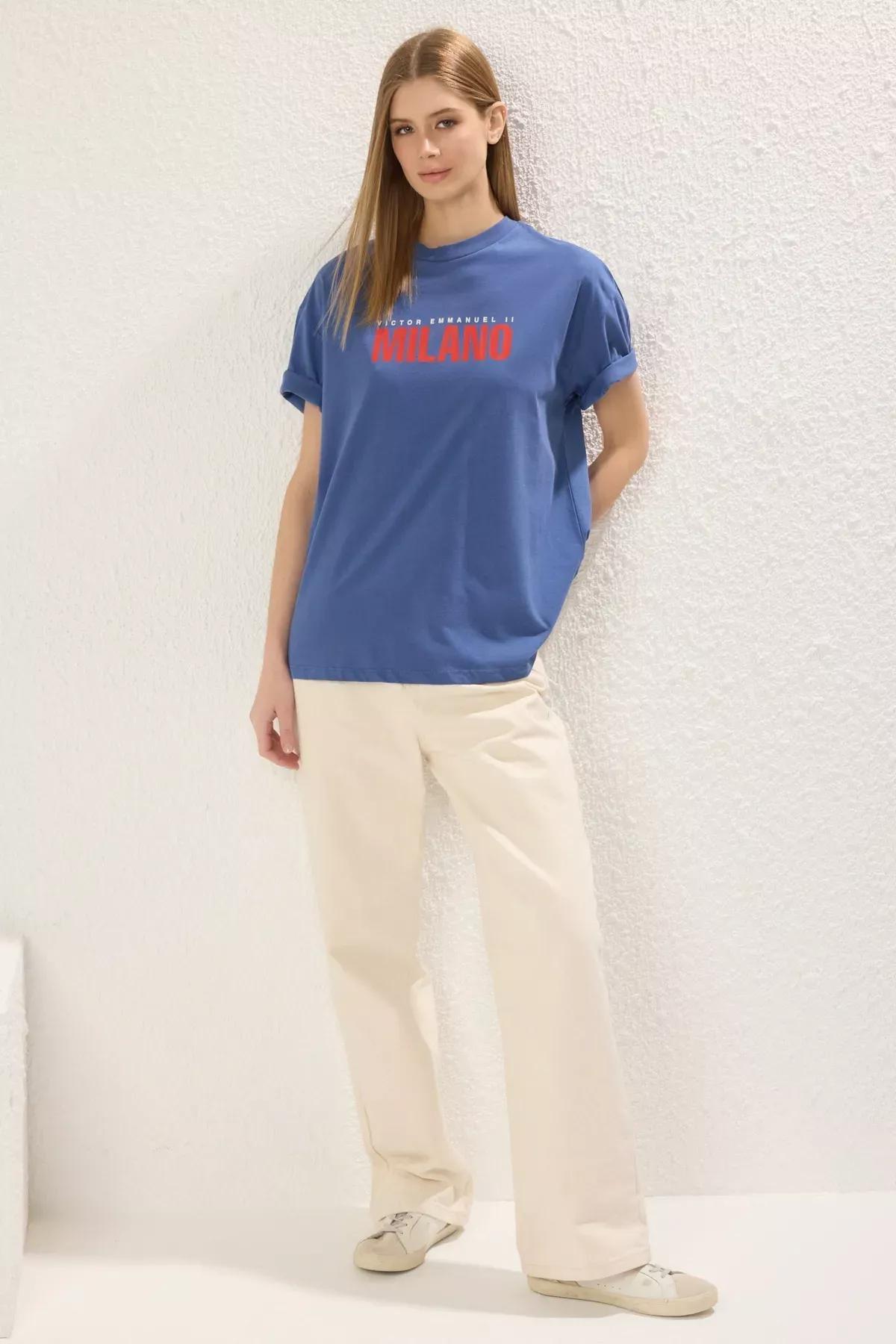 Blue Printed Oversize Crew-Neck T-Shirt, Indigo, large image number 2