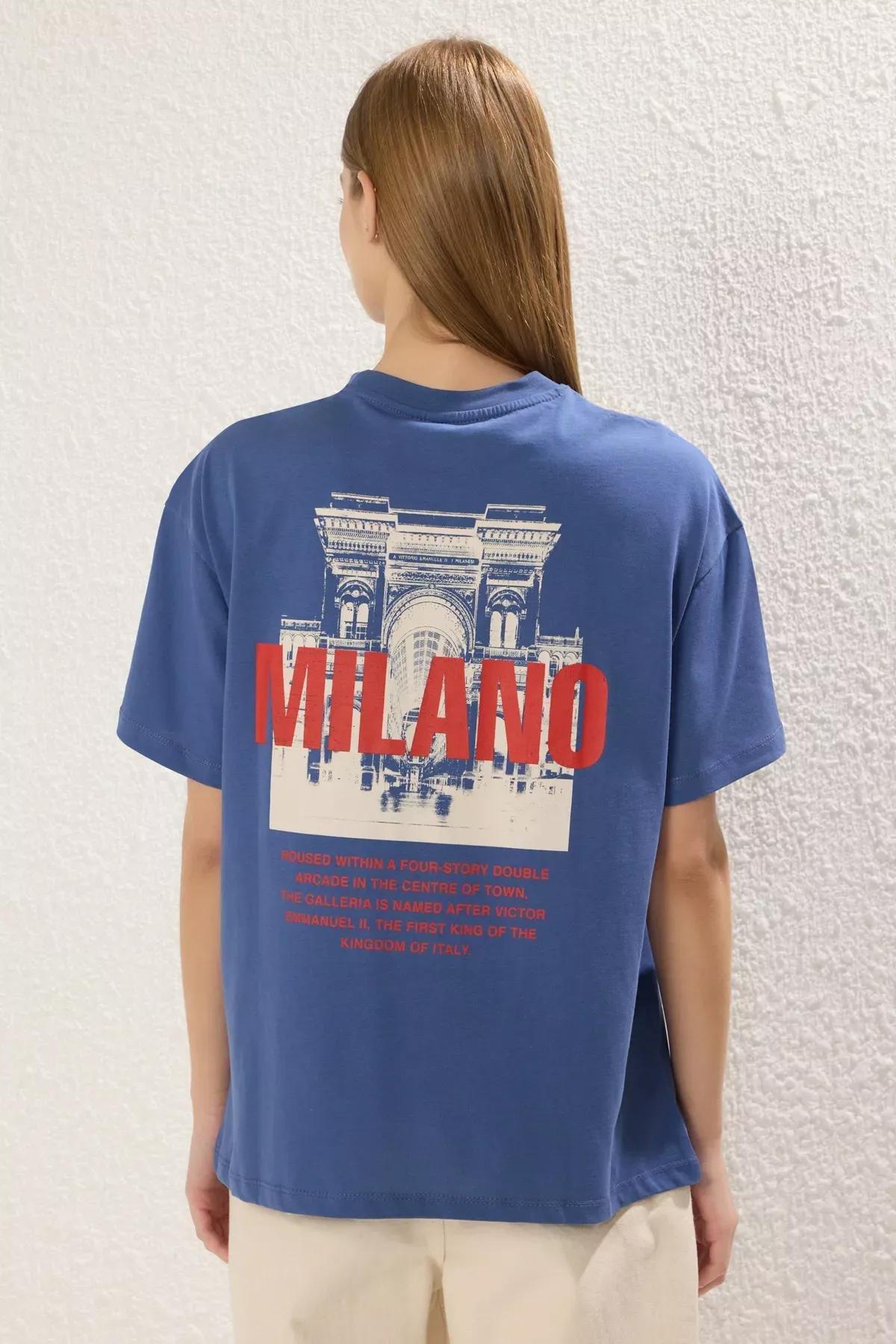 Blue Printed Oversize Crew-Neck T-Shirt, Indigo, large image number 4