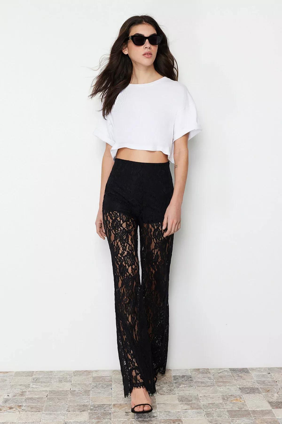 Black Lace Flare Leg Trousers, BLACK, medium