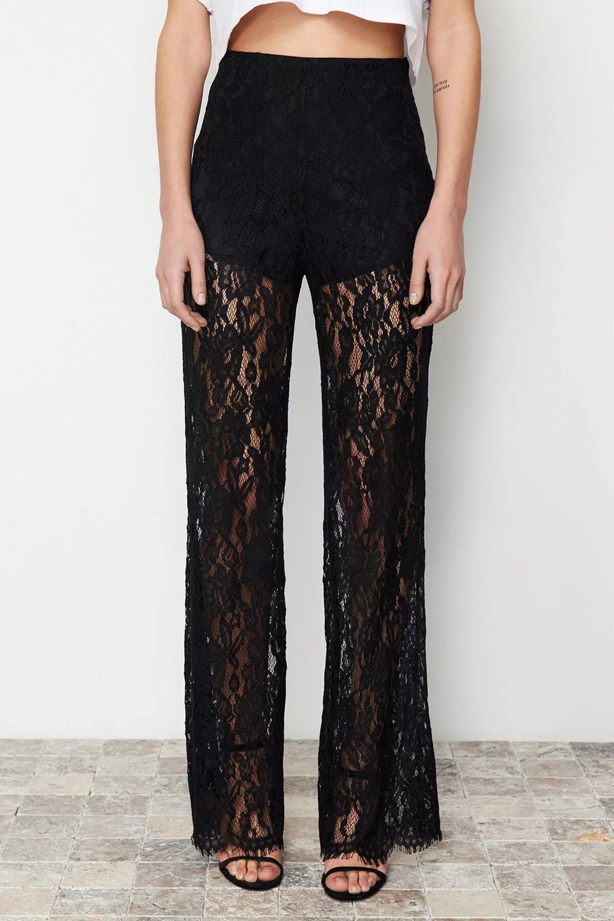 Black Lace Flare Leg Trousers, BLACK, large image number 3