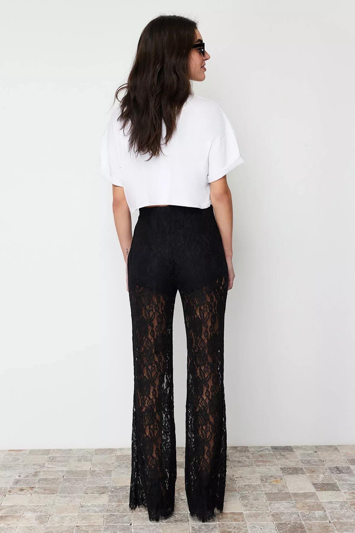 Black Lace Flare Leg Trousers, BLACK, large image number 4