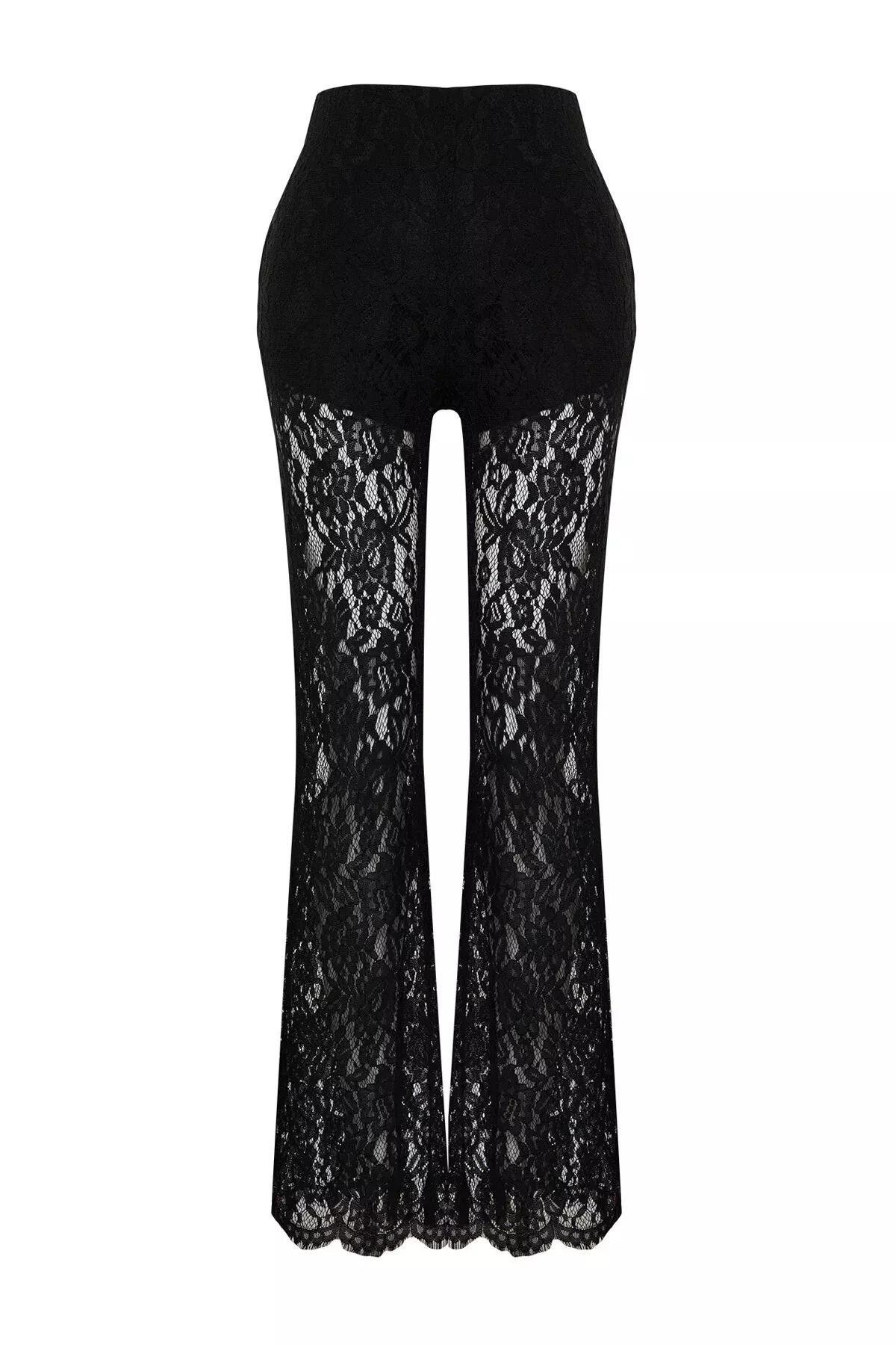 Black Lace Flare Leg Trousers, BLACK, large image number 5
