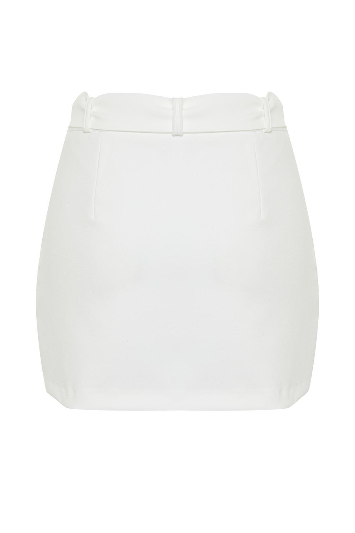 White Detailed Belted Mini Skirt, , large image number 5