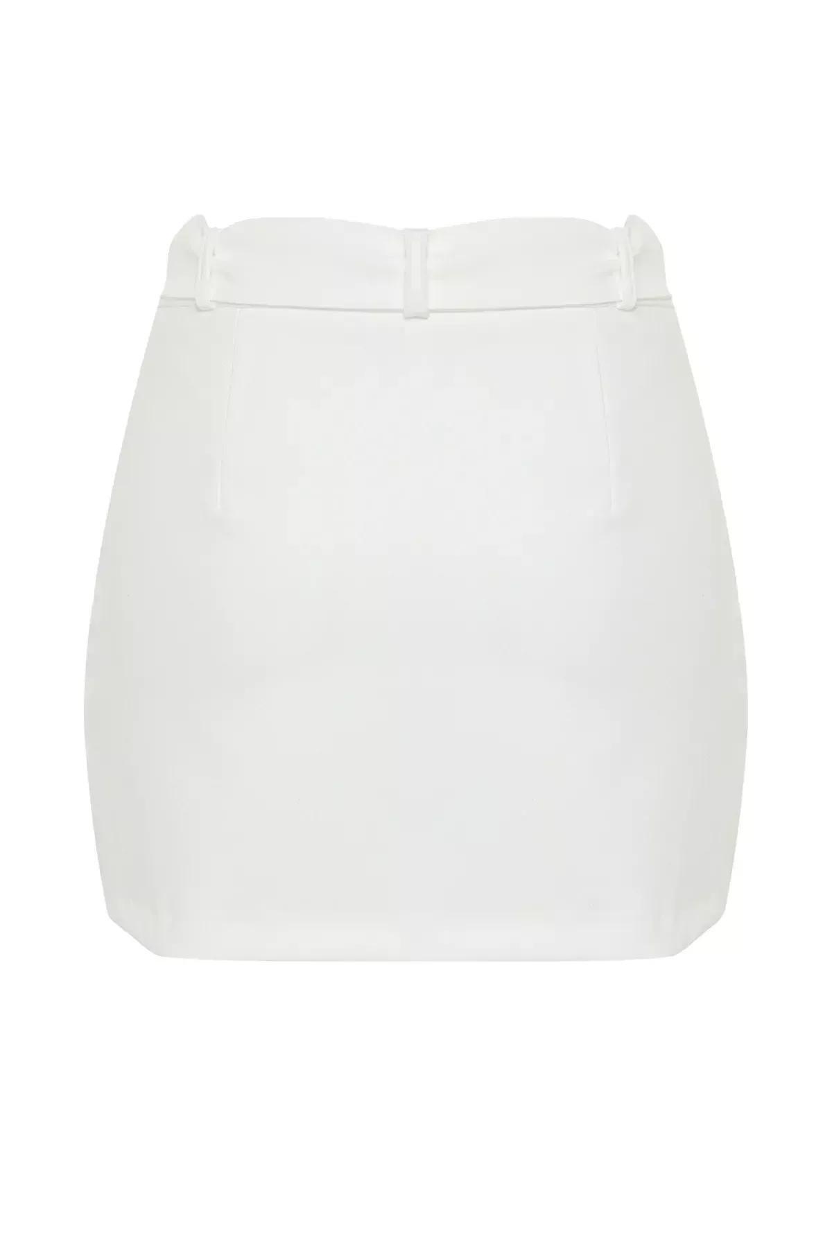 White Detailed Belted Mini Skirt, White, large image number 5
