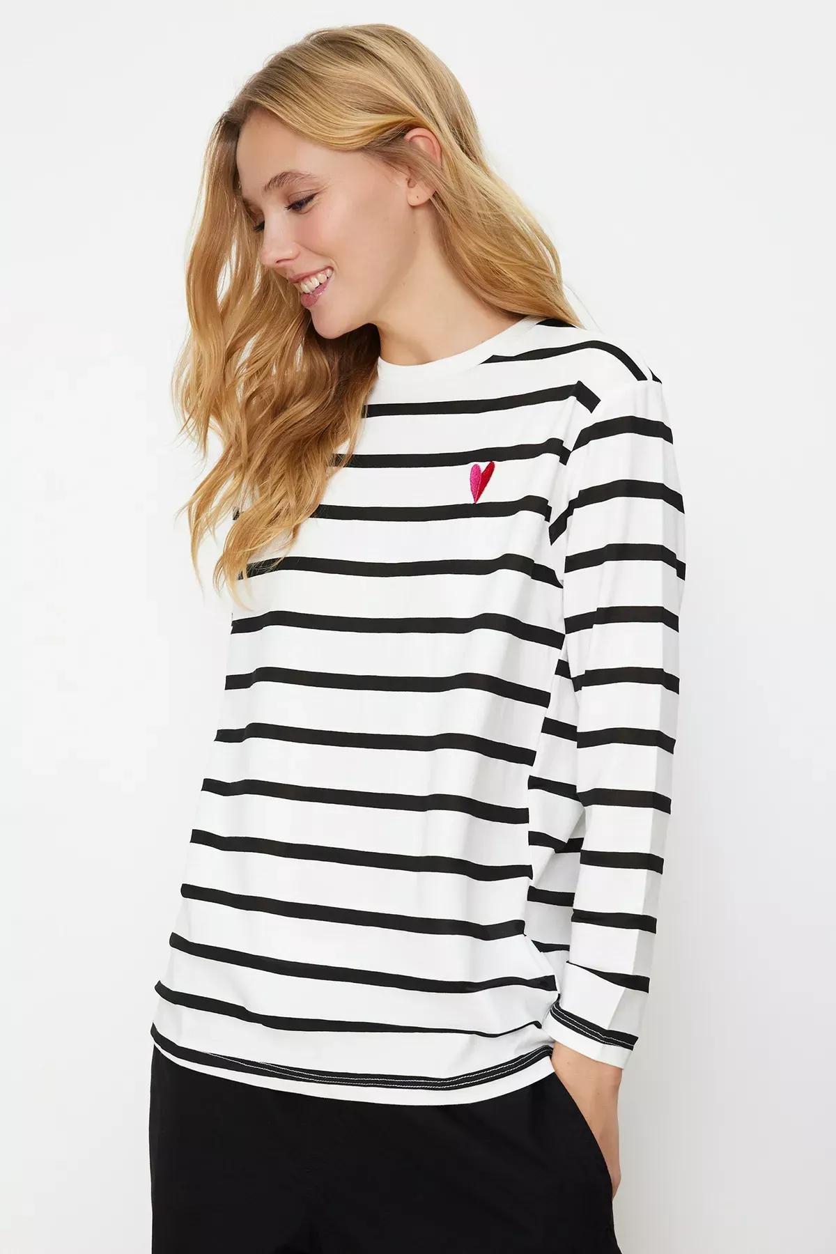 White Striped Embroidered Knitted T-Shirt, White, medium